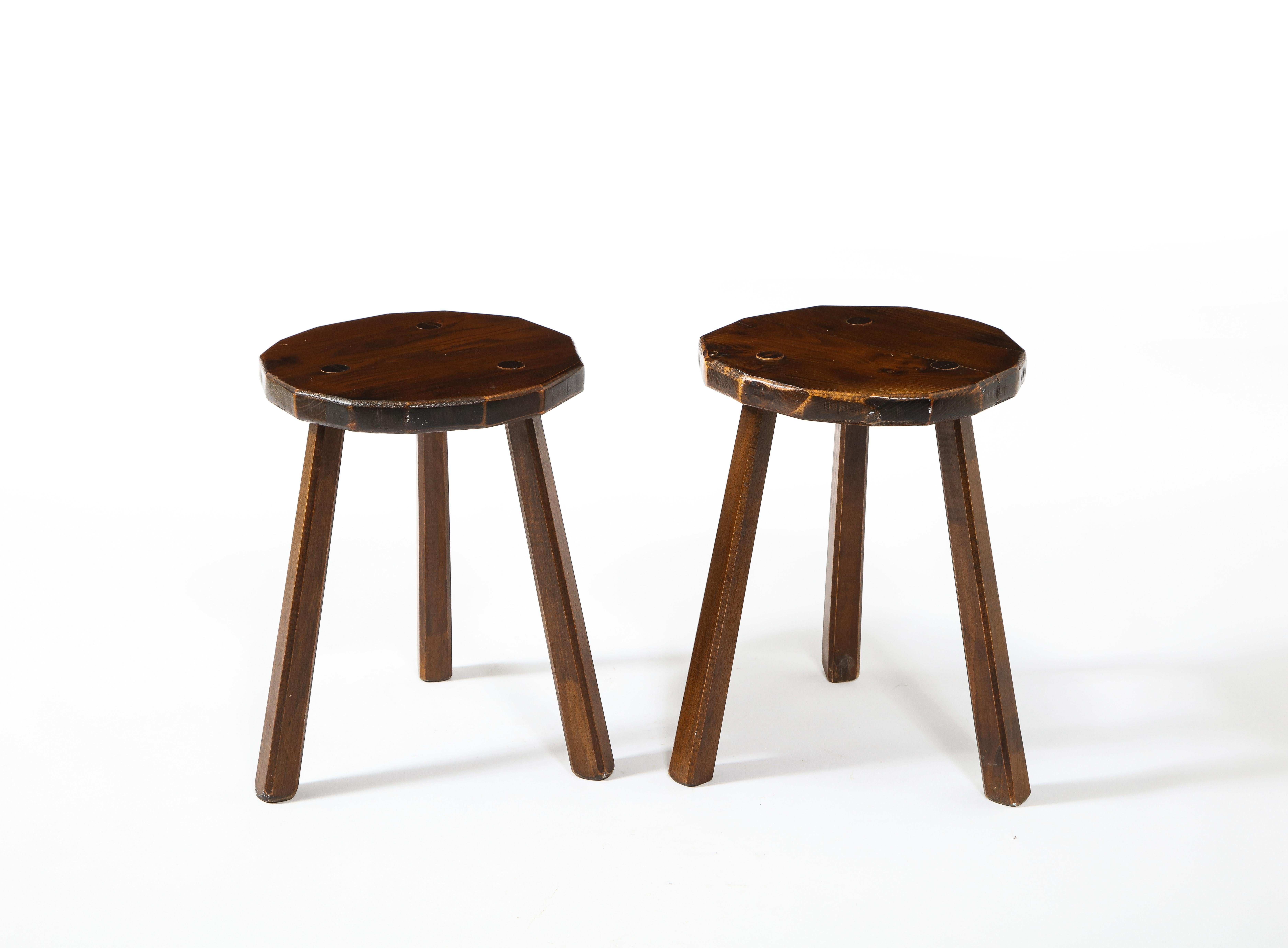 French Splayed Leg Tripodal Faceted Dark Elm Stools, France 1960's For Sale