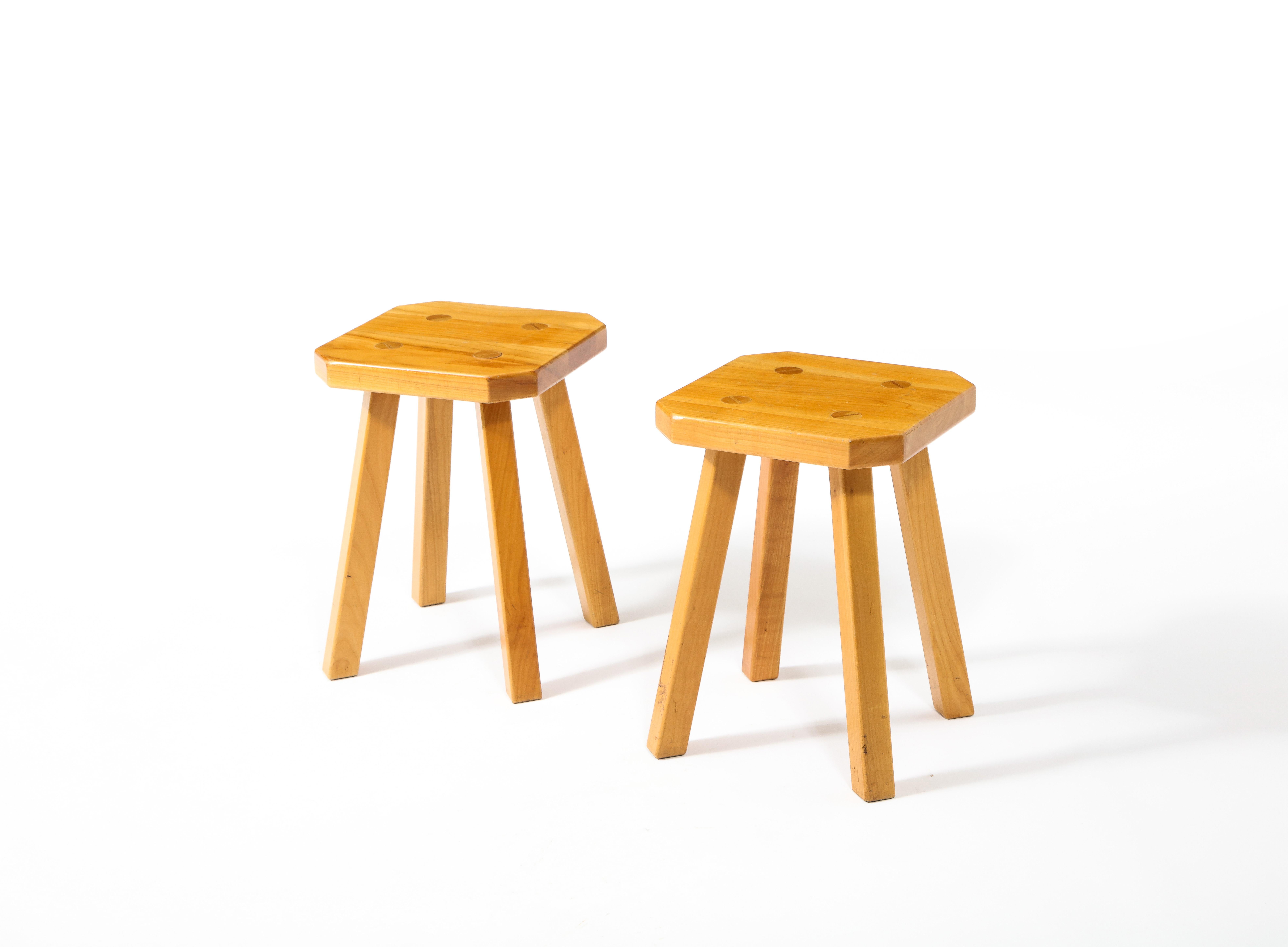 French Pair of Solid Elm Stools Square with Chamfers and Through Tenons, France 1960's For Sale