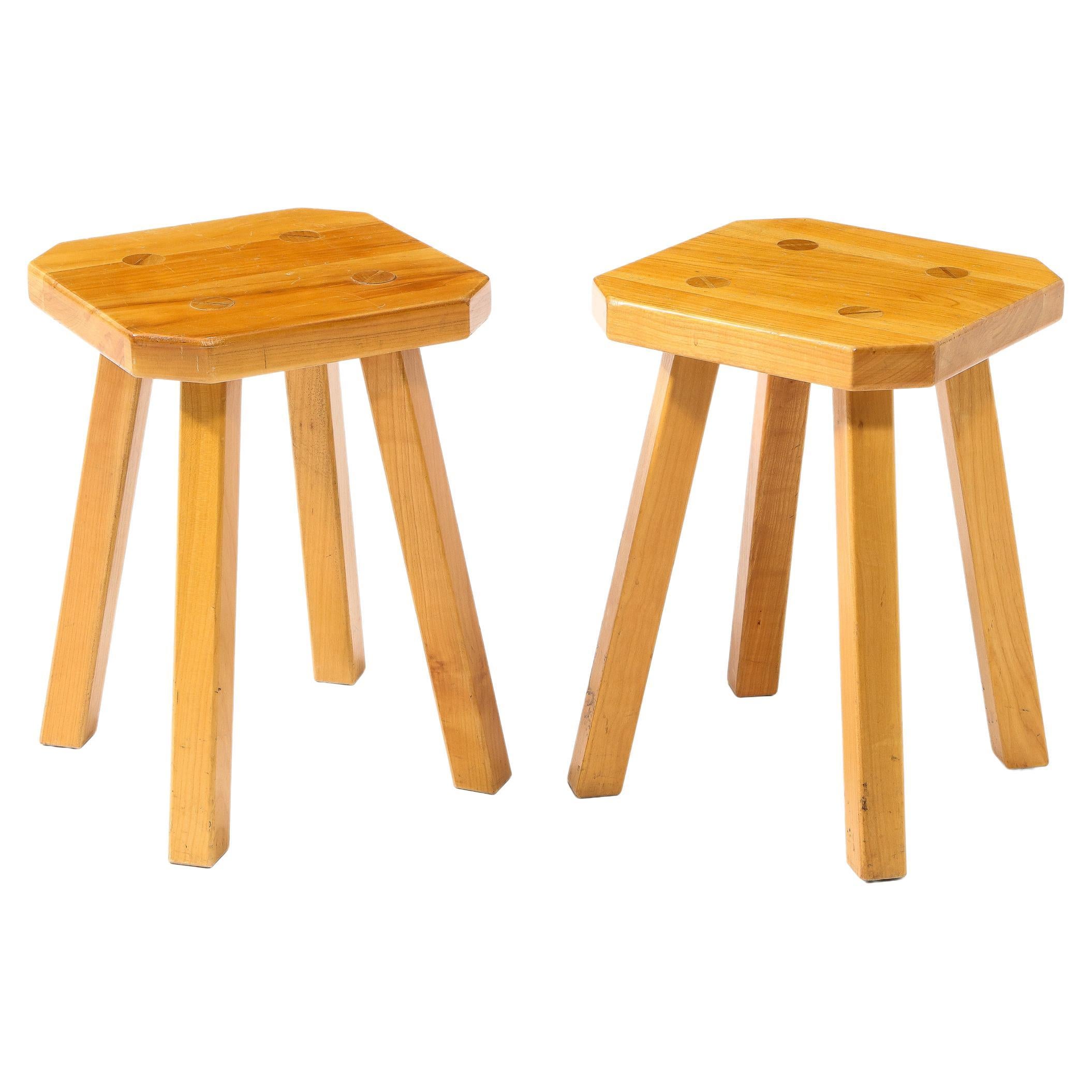 Pair of Solid Elm Stools Square with Chamfers and Through Tenons, France 1960's For Sale