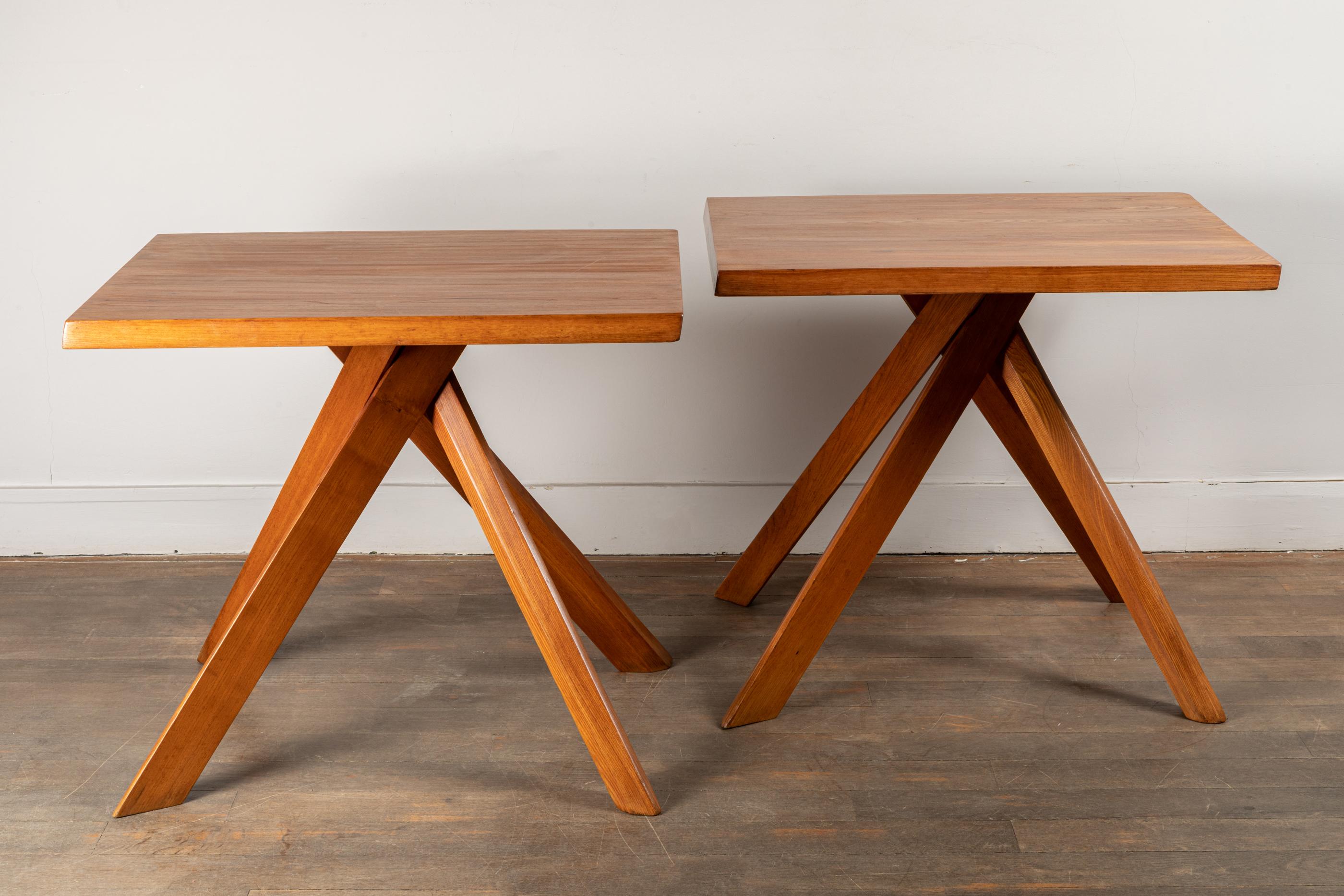 Mid-Century Modern Pair of Elm Tables, Model T27A by Pierre Chapo