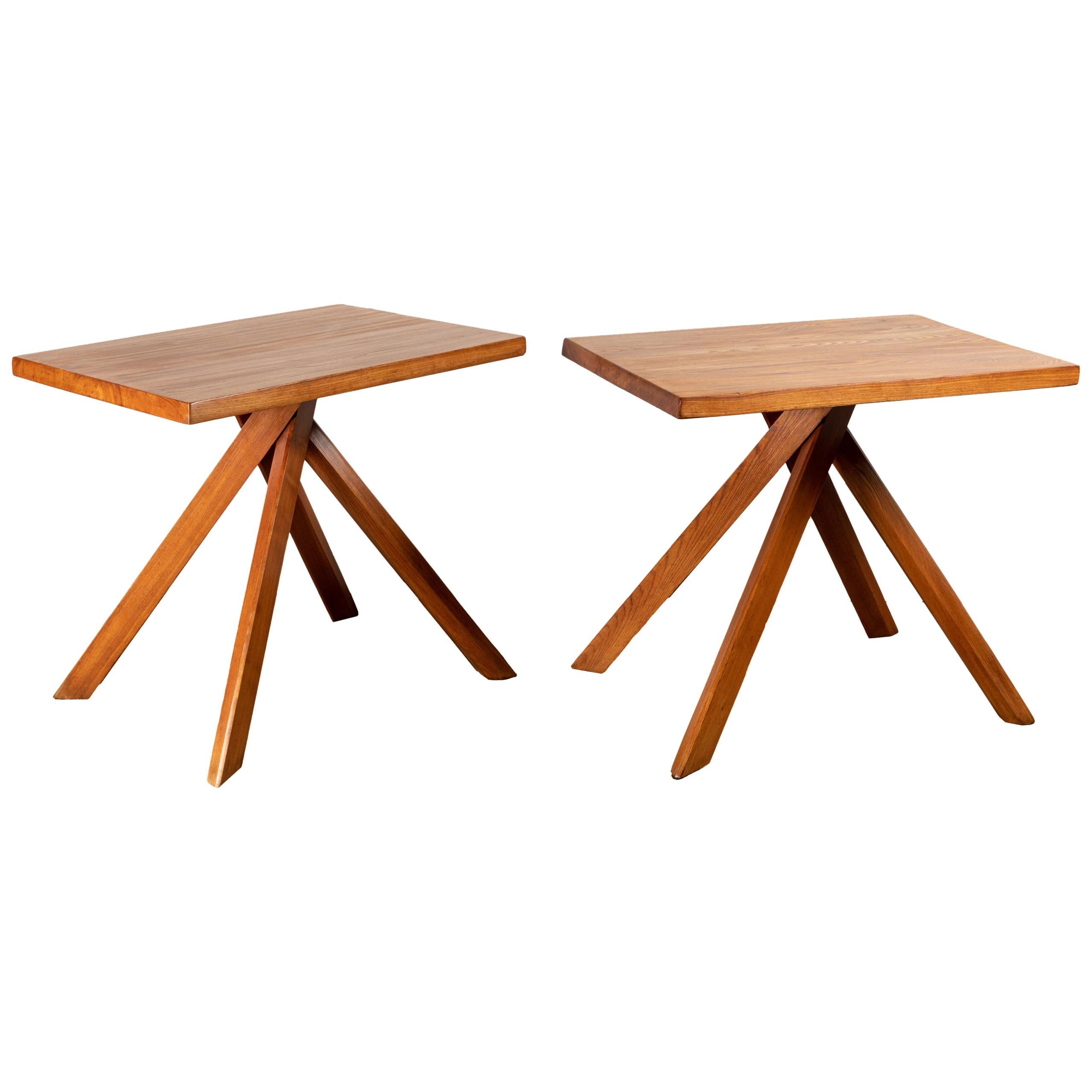 Pair of Elm Tables, Model T27A by Pierre Chapo