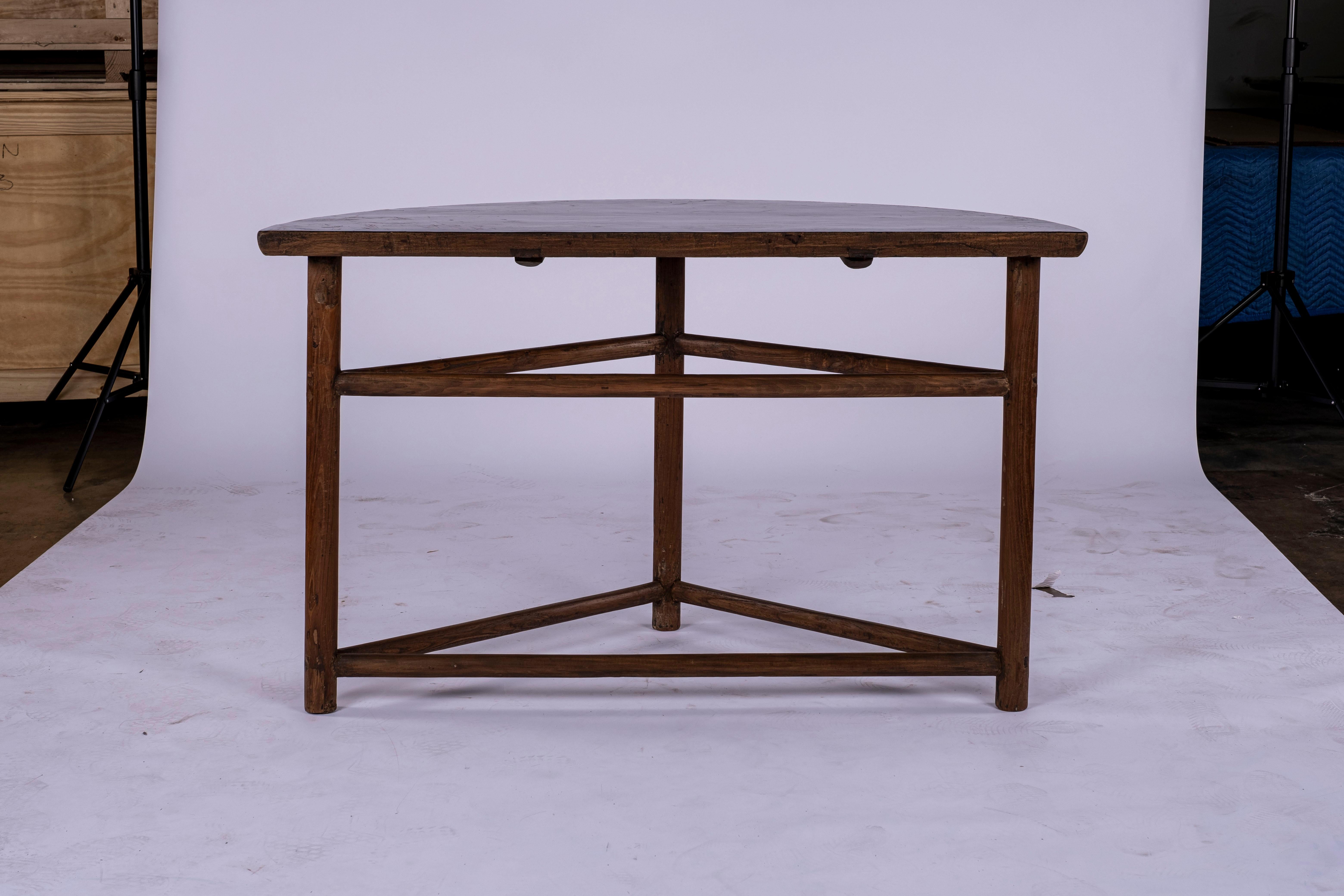 Pair of Elm Wood Demi Lune Consoles In Good Condition In Houston, TX