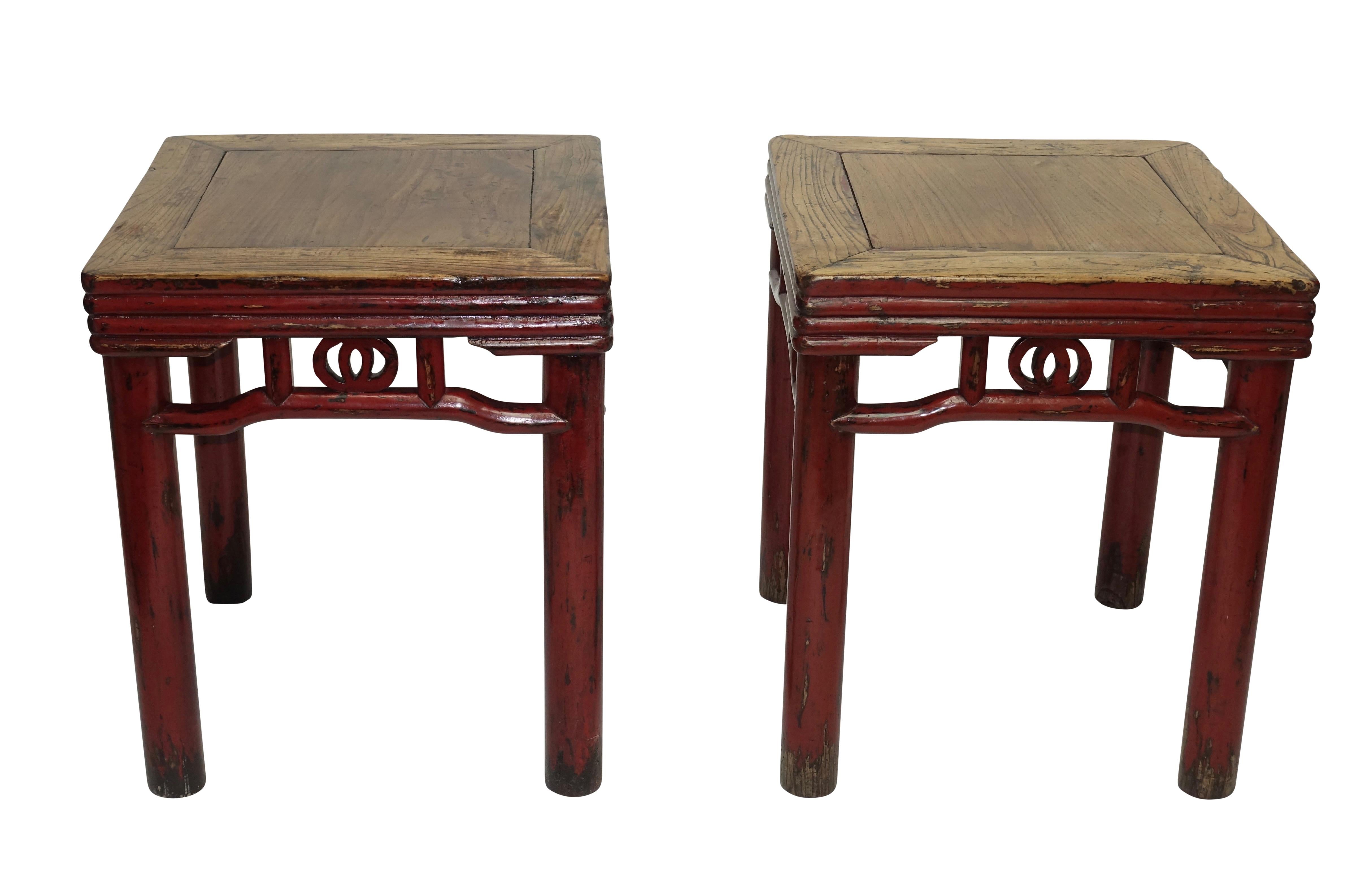 Lacquered Pair of Elmwood and Red Lacquer Stools or Side Tables, Chinese 19th Century