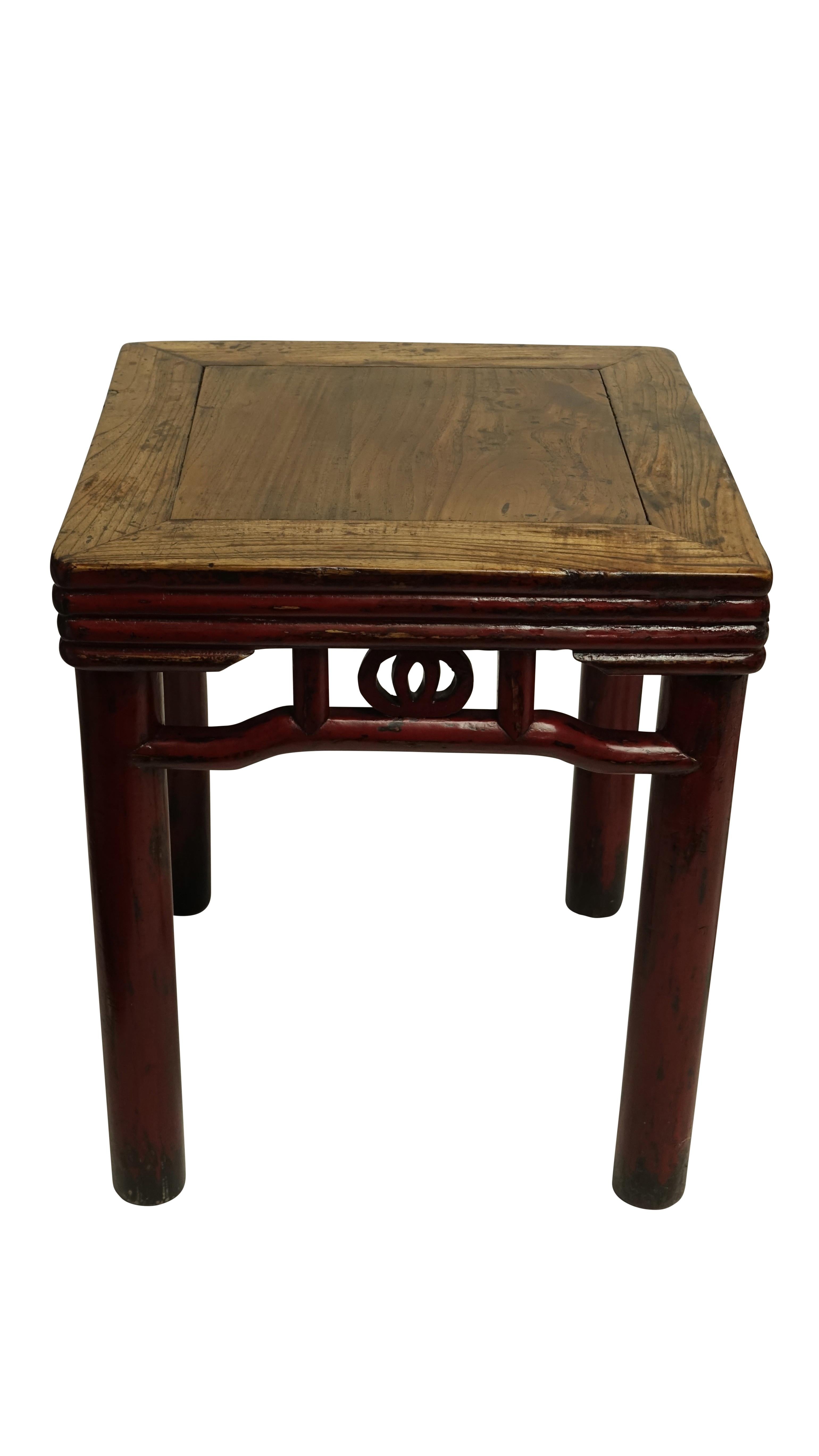 Pair of Elmwood and Red Lacquer Stools or Side Tables, Chinese 19th Century In Good Condition In San Francisco, CA