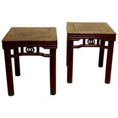 Pair of Elmwood and Red Lacquer Stools or Side Tables, Chinese 19th Century
