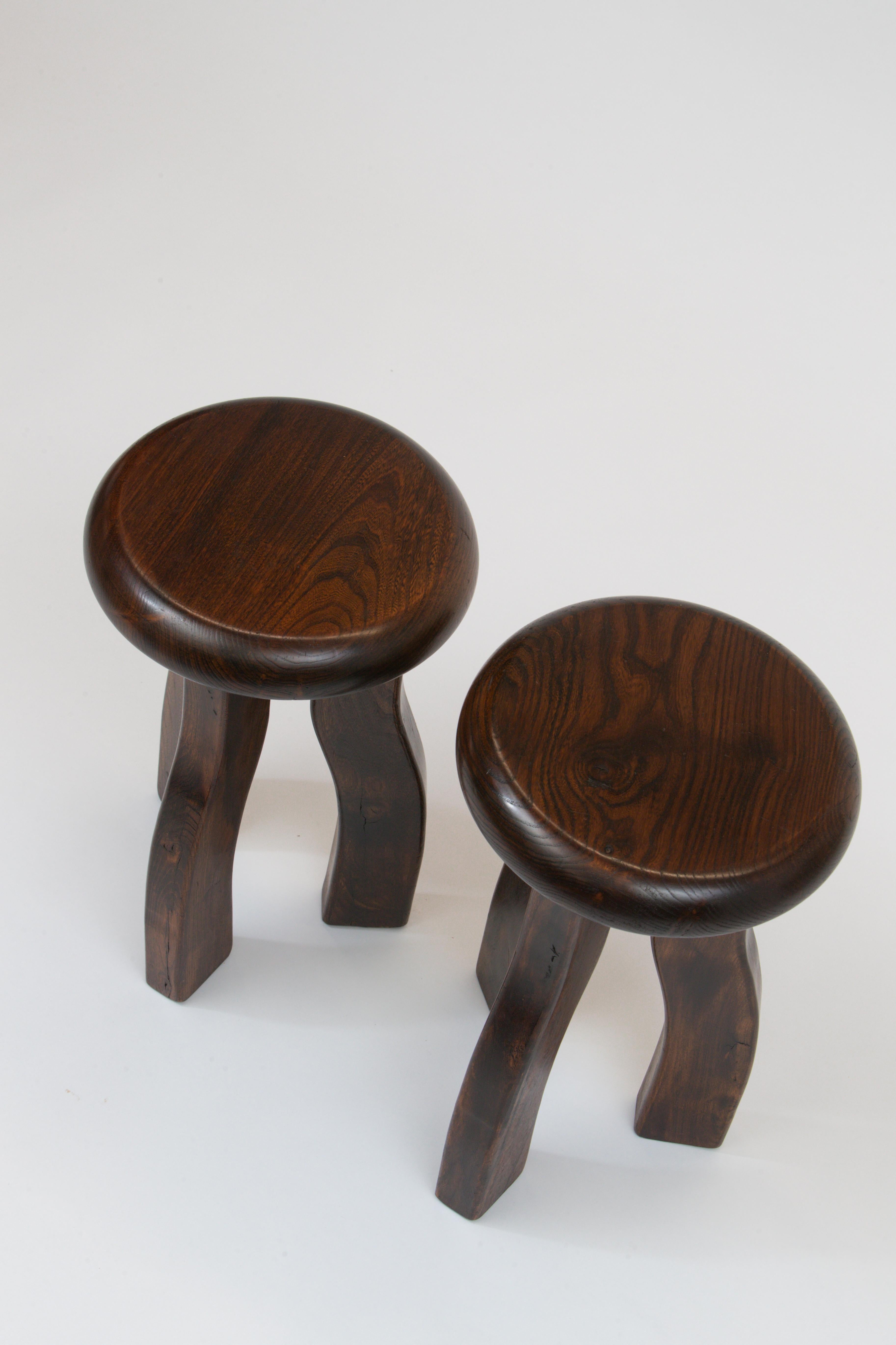 Carved Pair of Elmwood Three Legged Brutalist Stools or Small Side Tables, France 1960s