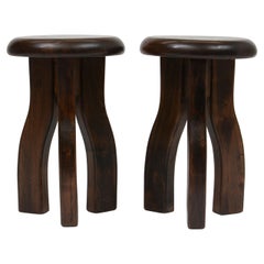 Vintage Pair of Elmwood Three Legged Brutalist Stools or Small Side Tables, France 1960s