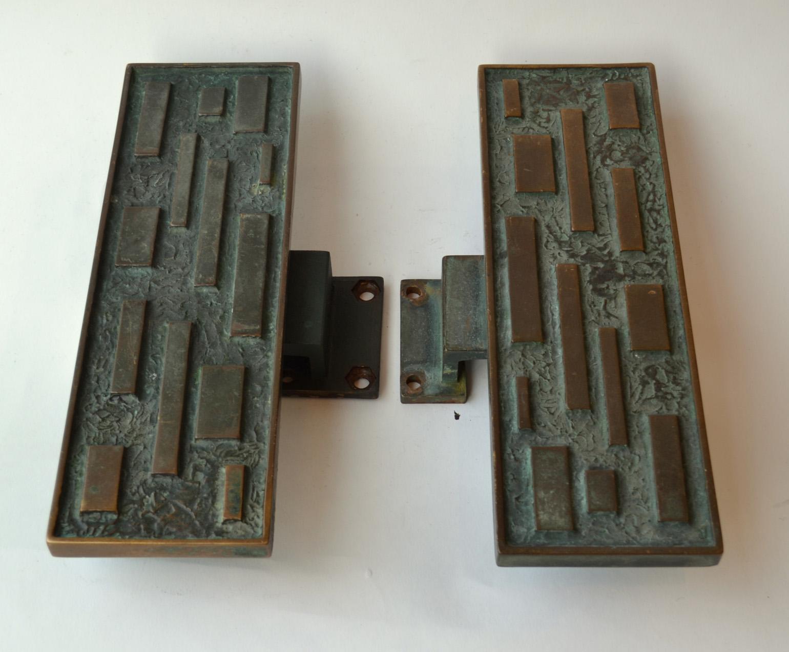 Mid-Century Modern Pair of Elongated Bronze Geometric Push and Pull Door Handles