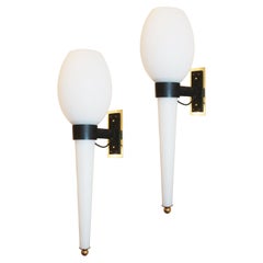 Pair of Elongated Frosted Glass Sconces, Italy, 1950s