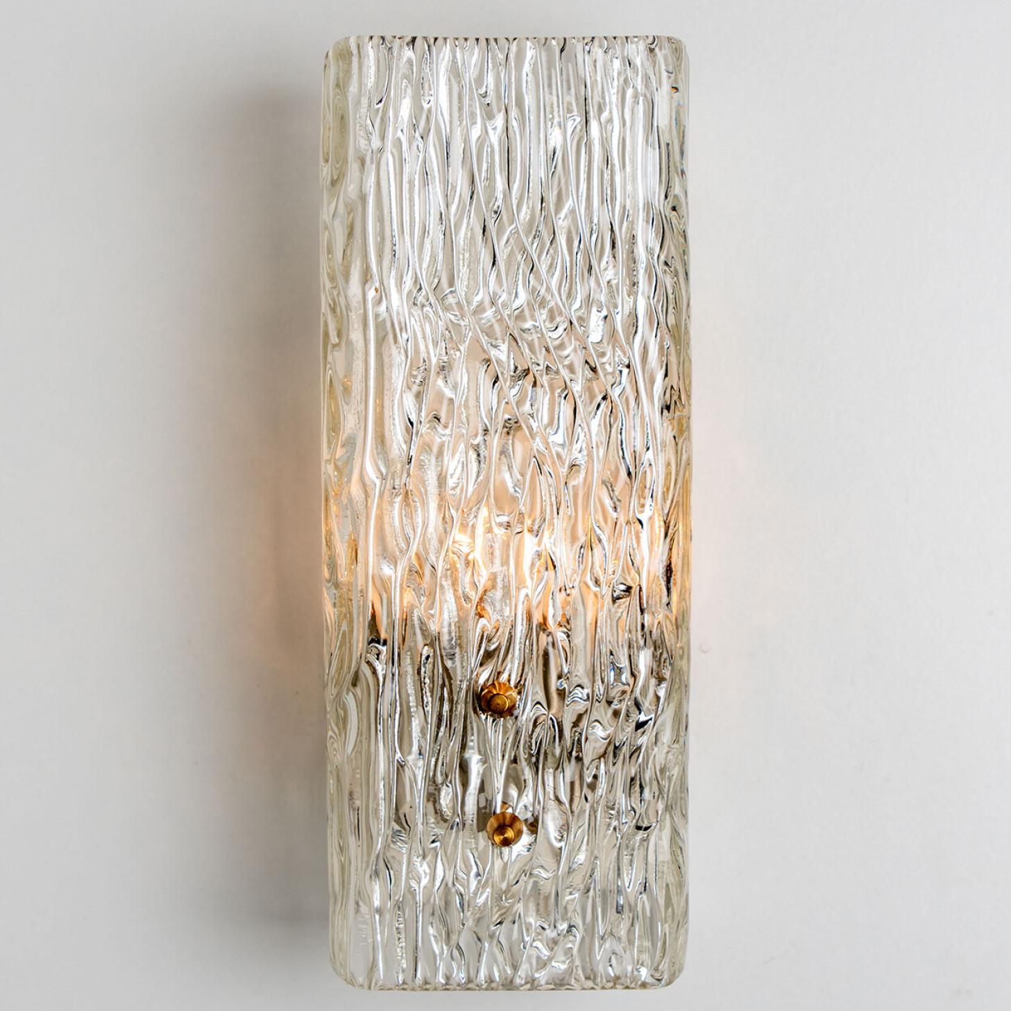 Metal Pair of Elongated Gold Textured Glass Wall Lights by J.T. Kalmar, Austria For Sale