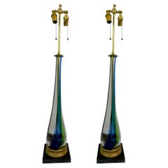 Pair of Elongated Teardrop Shaped Fluted Murano Glass Lamps, Circa 1950s