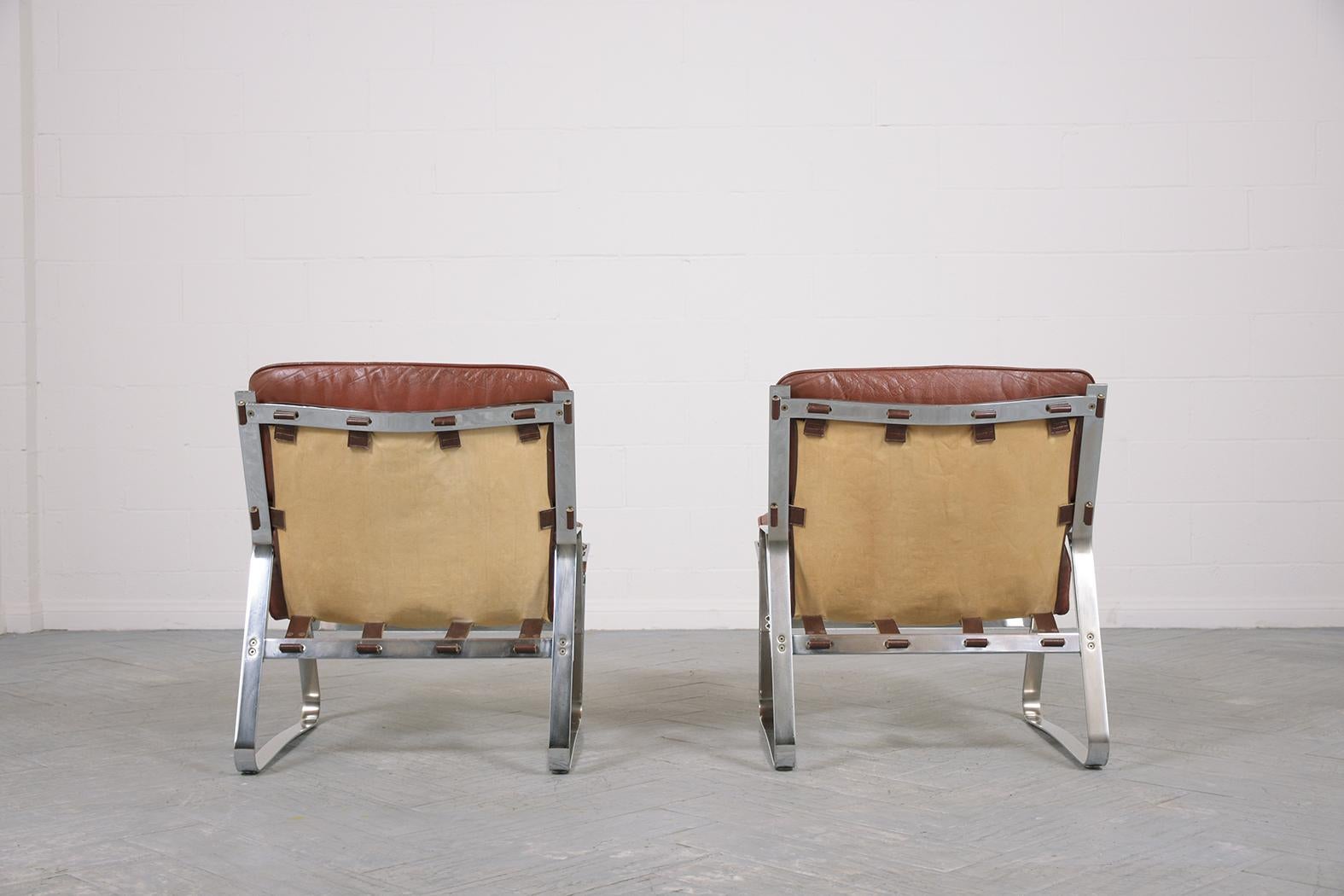 Restored Elsa & Nordahl Solheim Mid-Century Modern Leather Chrome Lounge Chairs 4
