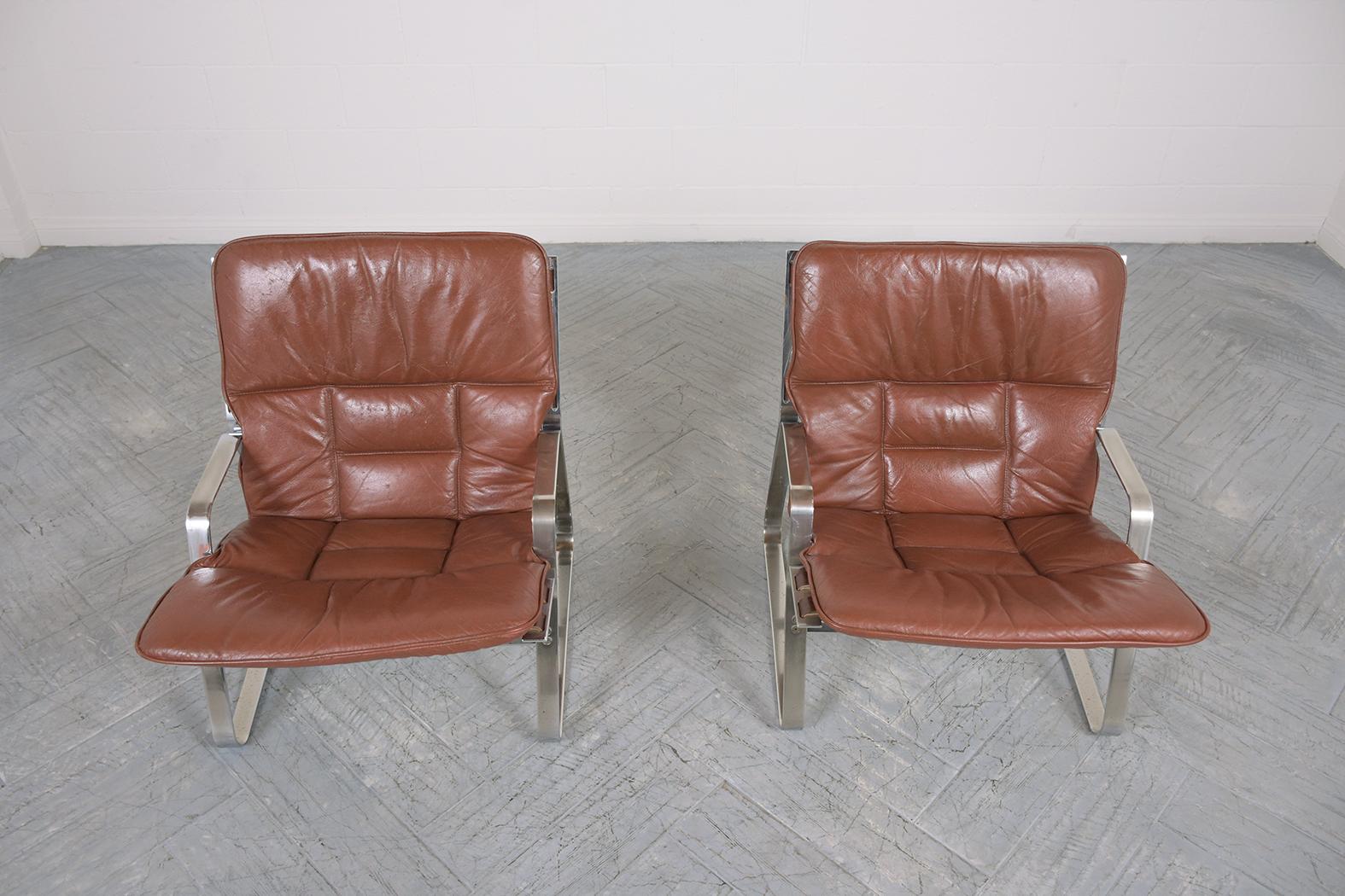 Norwegian Restored Elsa & Nordahl Solheim Mid-Century Modern Leather Chrome Lounge Chairs