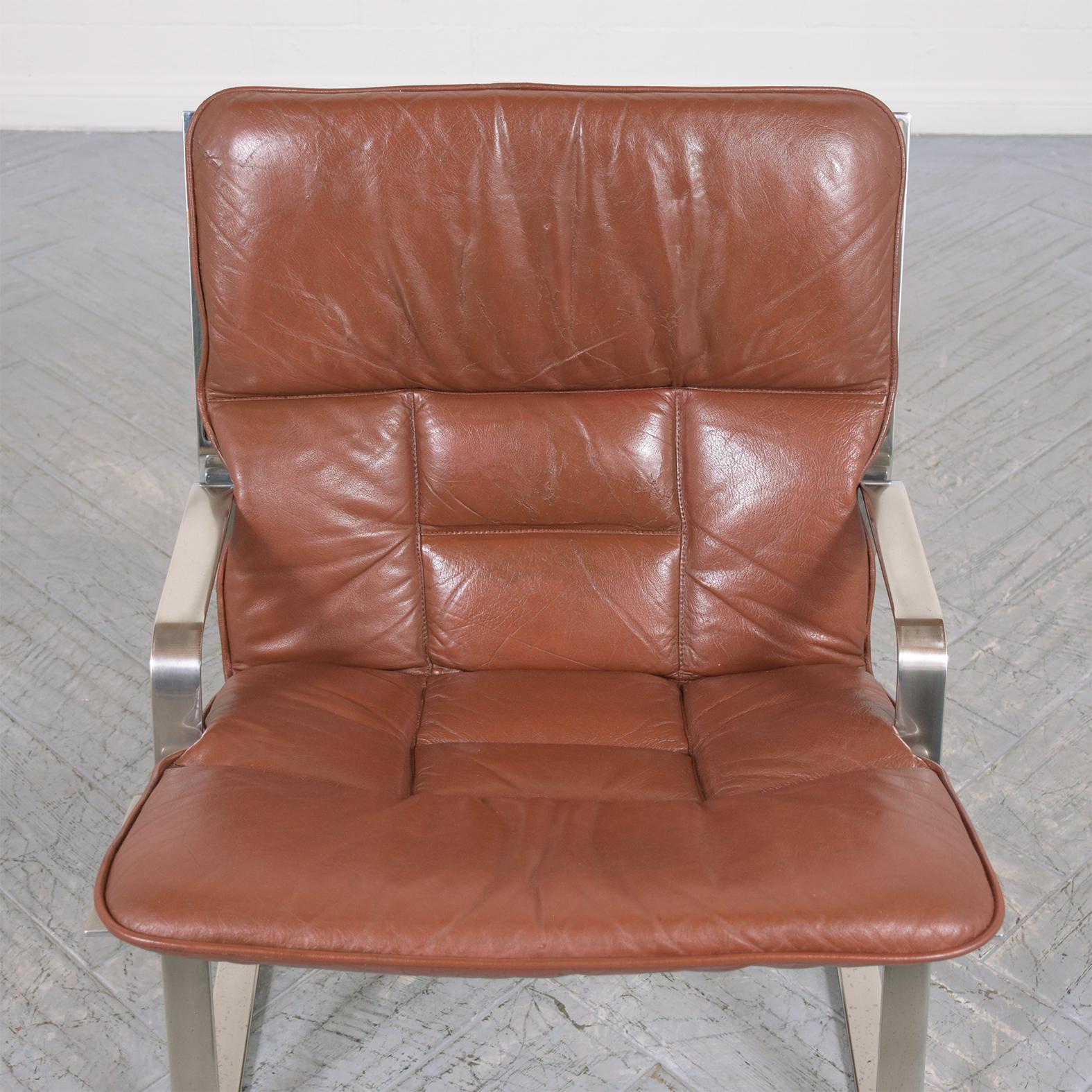 Patinated Restored Elsa & Nordahl Solheim Mid-Century Modern Leather Chrome Lounge Chairs