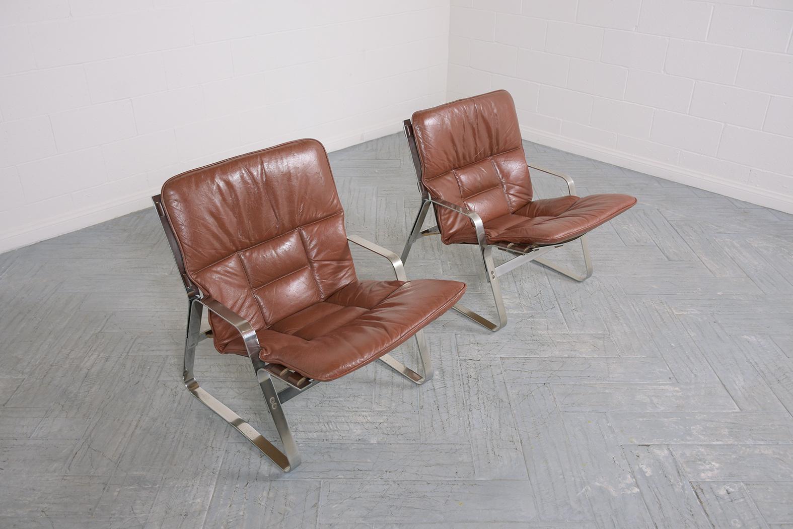Mid-20th Century Restored Elsa & Nordahl Solheim Mid-Century Modern Leather Chrome Lounge Chairs