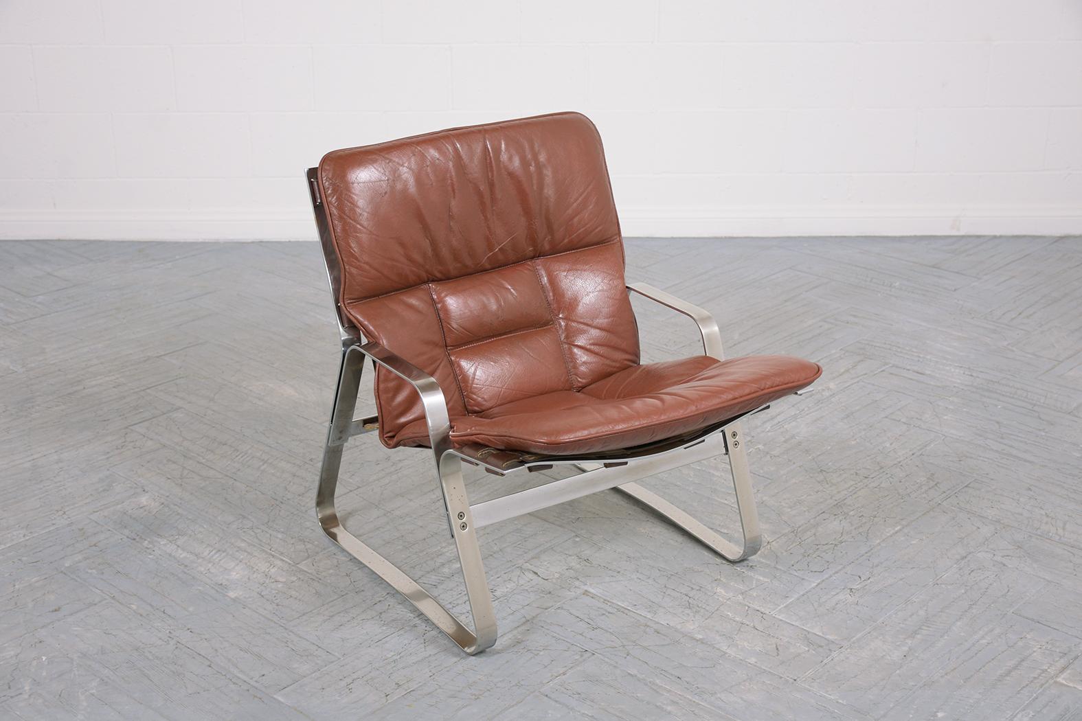Lacquer Restored Elsa & Nordahl Solheim Mid-Century Modern Leather Chrome Lounge Chairs