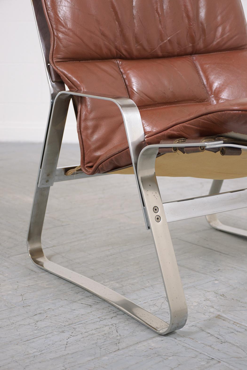 Restored Elsa & Nordahl Solheim Mid-Century Modern Leather Chrome Lounge Chairs 1