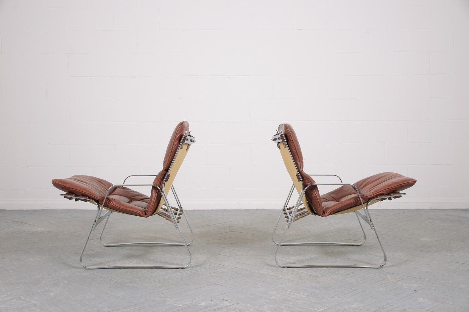 Restored Elsa & Nordahl Solheim Mid-Century Modern Leather Chrome Lounge Chairs 3