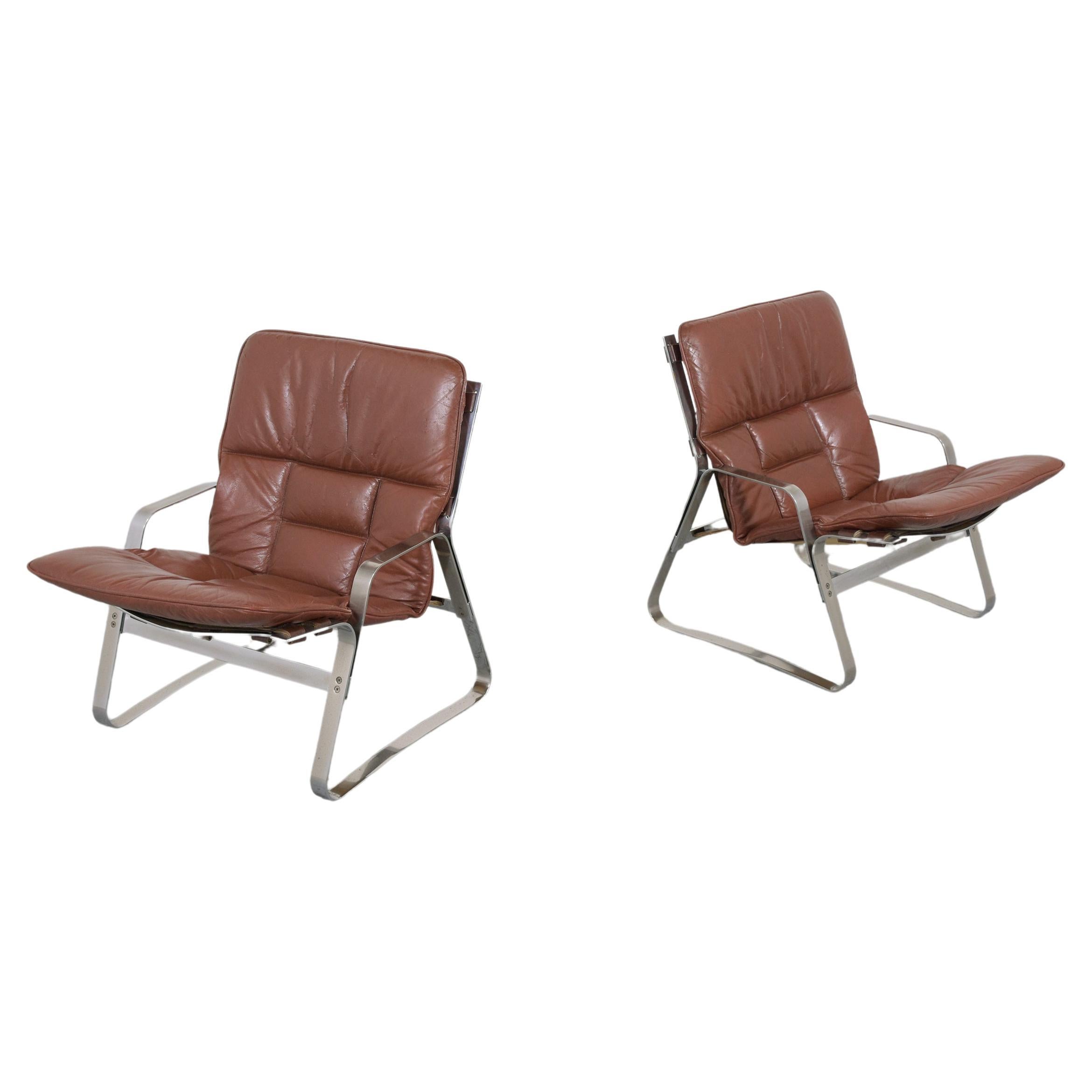 Vintage Pair of Mid Century Modern Leather Chrome Lounge Chairs
