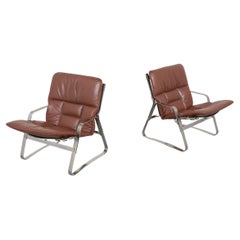 Retro Pair of Mid Century Modern Leather Chrome Lounge Chairs