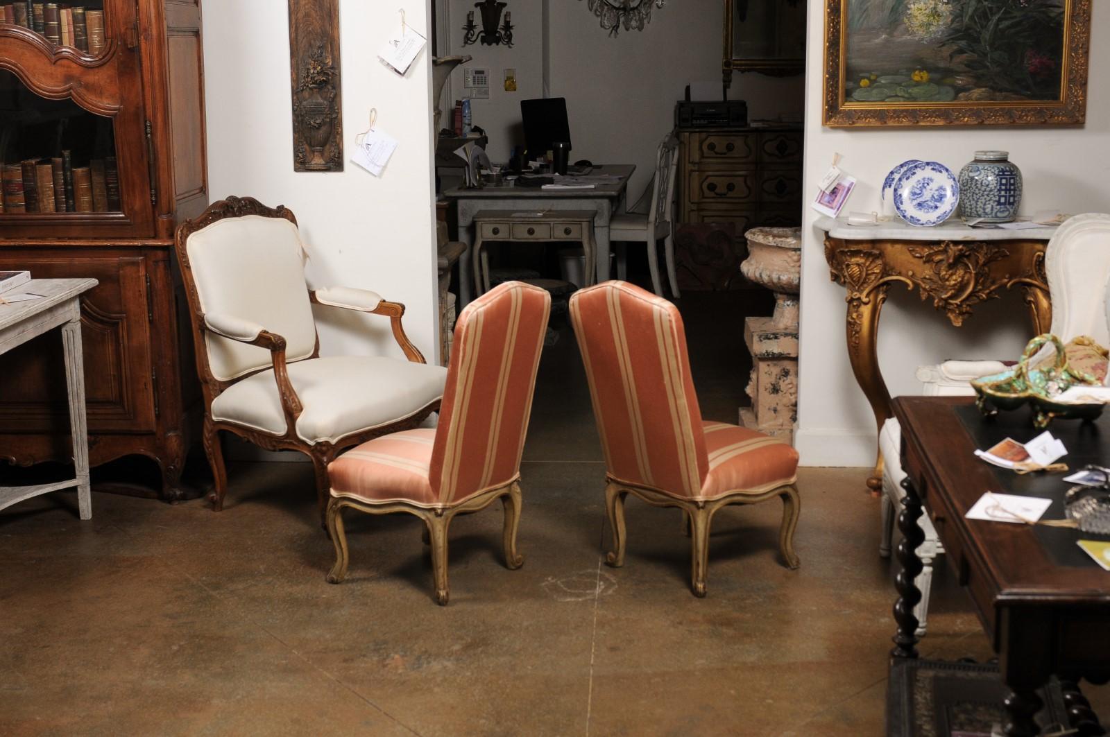 Pair of Elsie De Wolfe Louis XV Style Painted Slipper Chairs with Striped Fabric 3