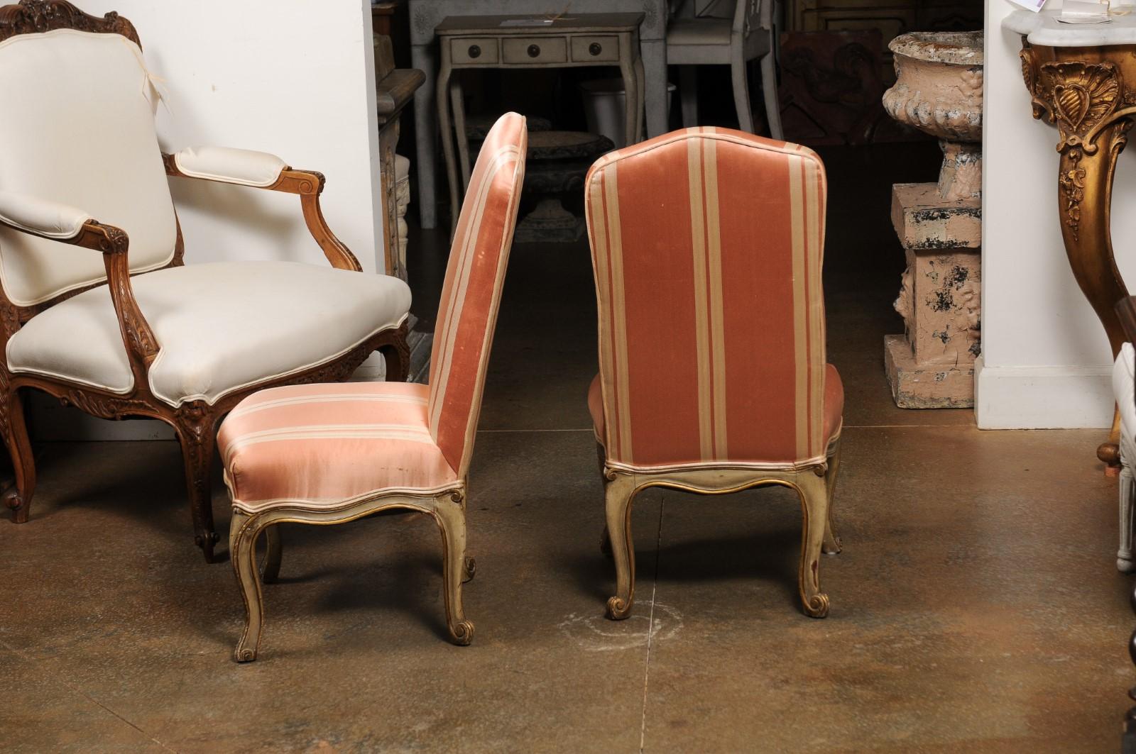 Pair of Elsie De Wolfe Louis XV Style Painted Slipper Chairs with Striped Fabric 4