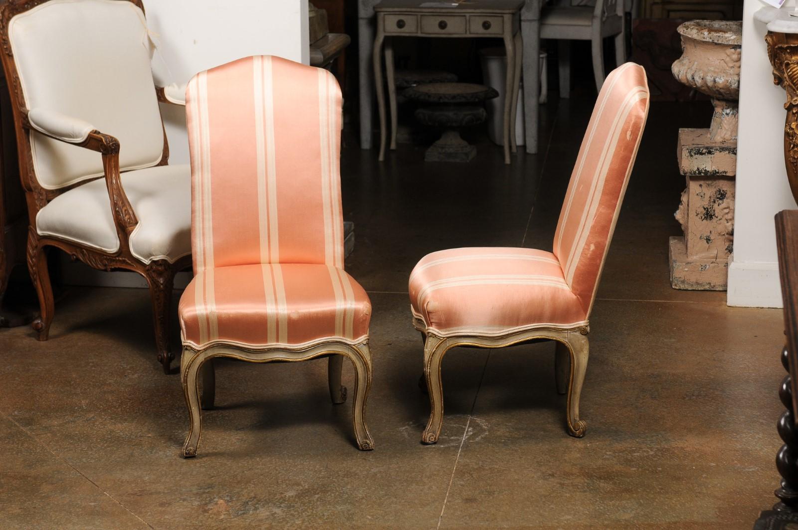 Pair of Elsie De Wolfe Louis XV Style Painted Slipper Chairs with Striped Fabric 5