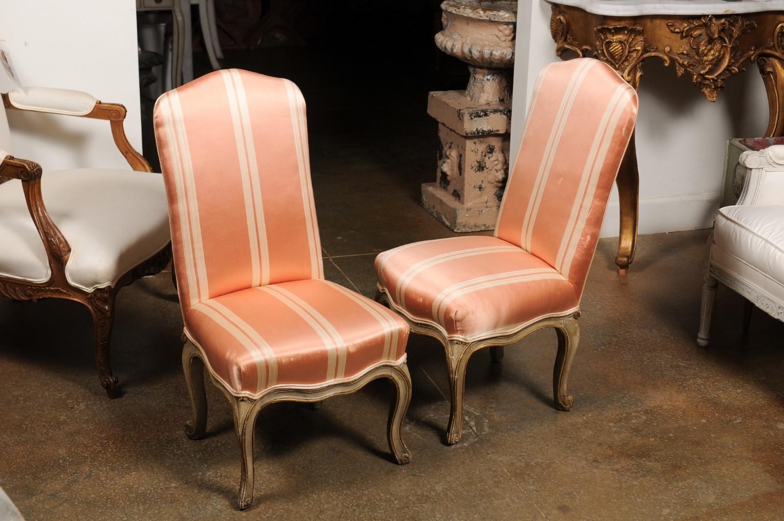 Pair of Elsie De Wolfe Louis XV Style Painted Slipper Chairs with Striped Fabric 6