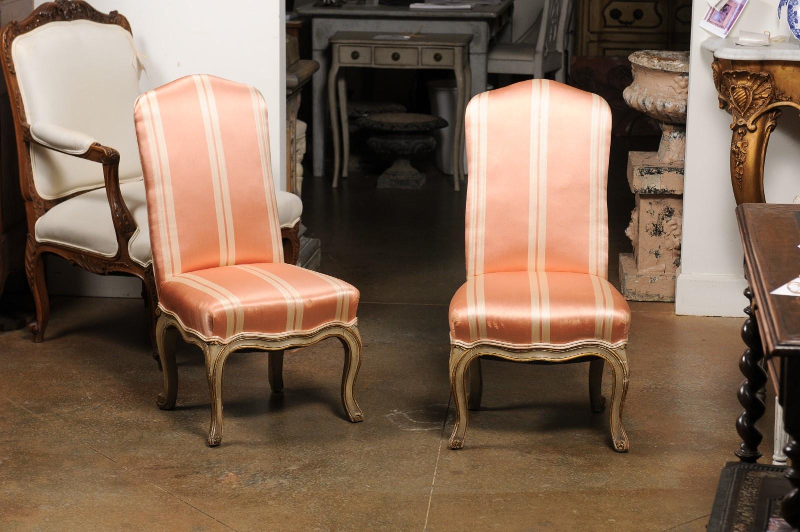 American Pair of Elsie De Wolfe Louis XV Style Painted Slipper Chairs with Striped Fabric