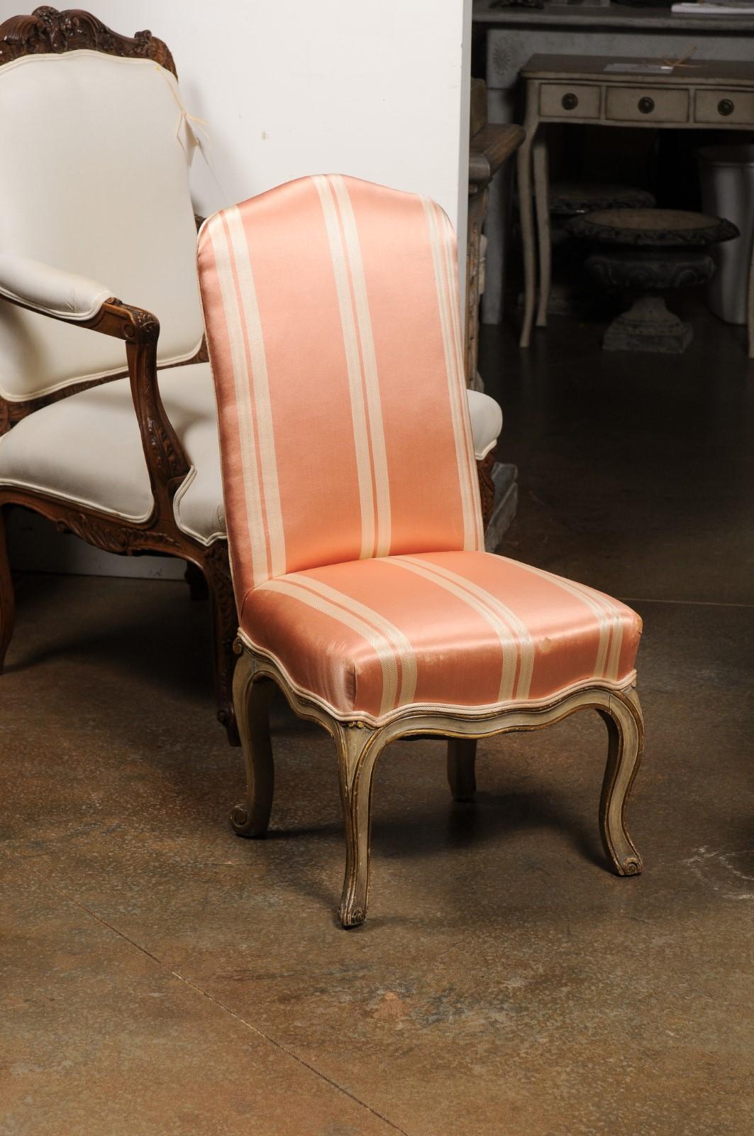 Carved Pair of Elsie De Wolfe Louis XV Style Painted Slipper Chairs with Striped Fabric