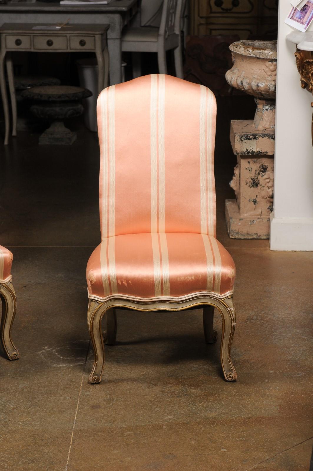 Pair of Elsie De Wolfe Louis XV Style Painted Slipper Chairs with Striped Fabric In Good Condition In Atlanta, GA