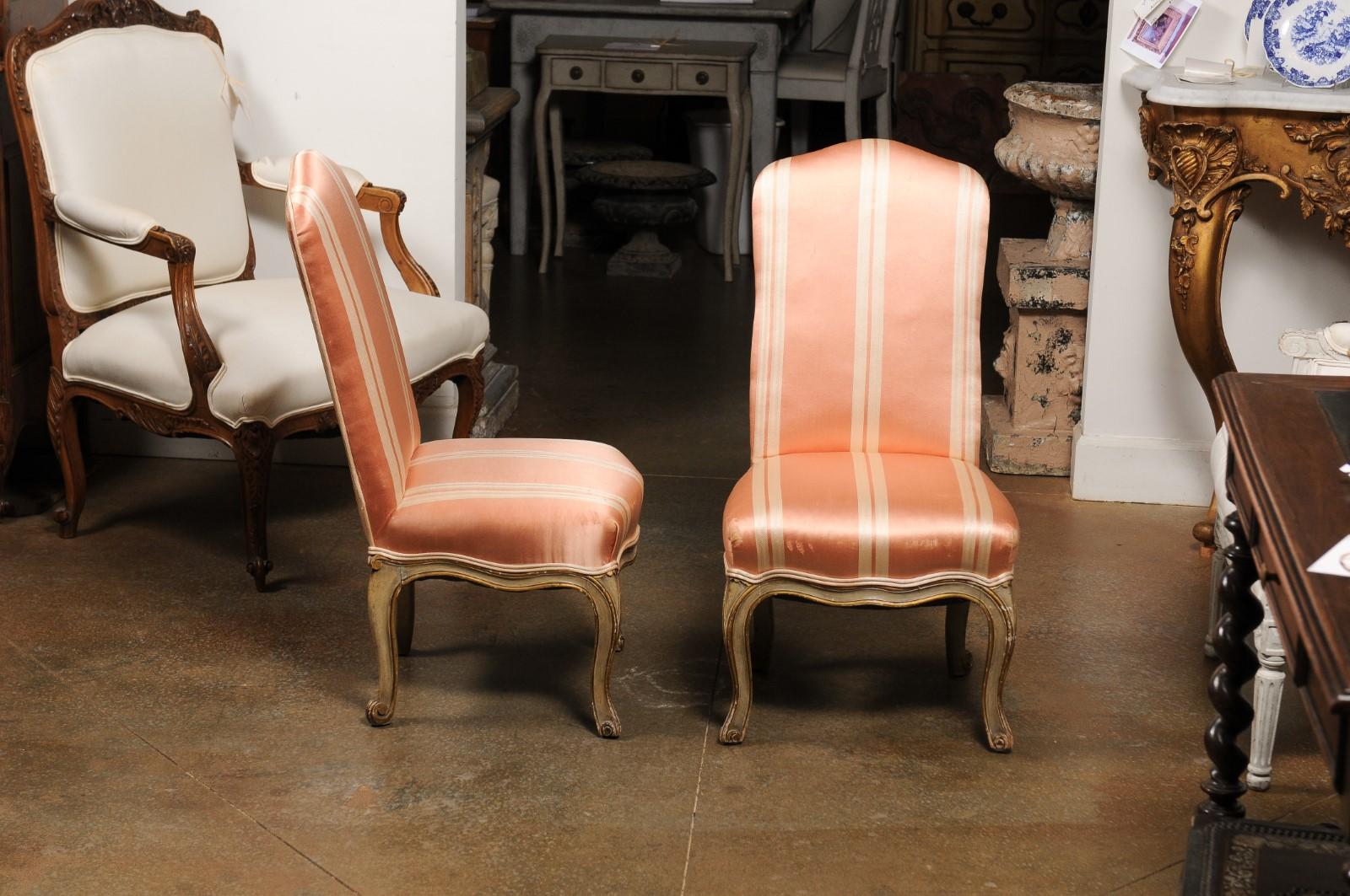 20th Century Pair of Elsie De Wolfe Louis XV Style Painted Slipper Chairs with Striped Fabric