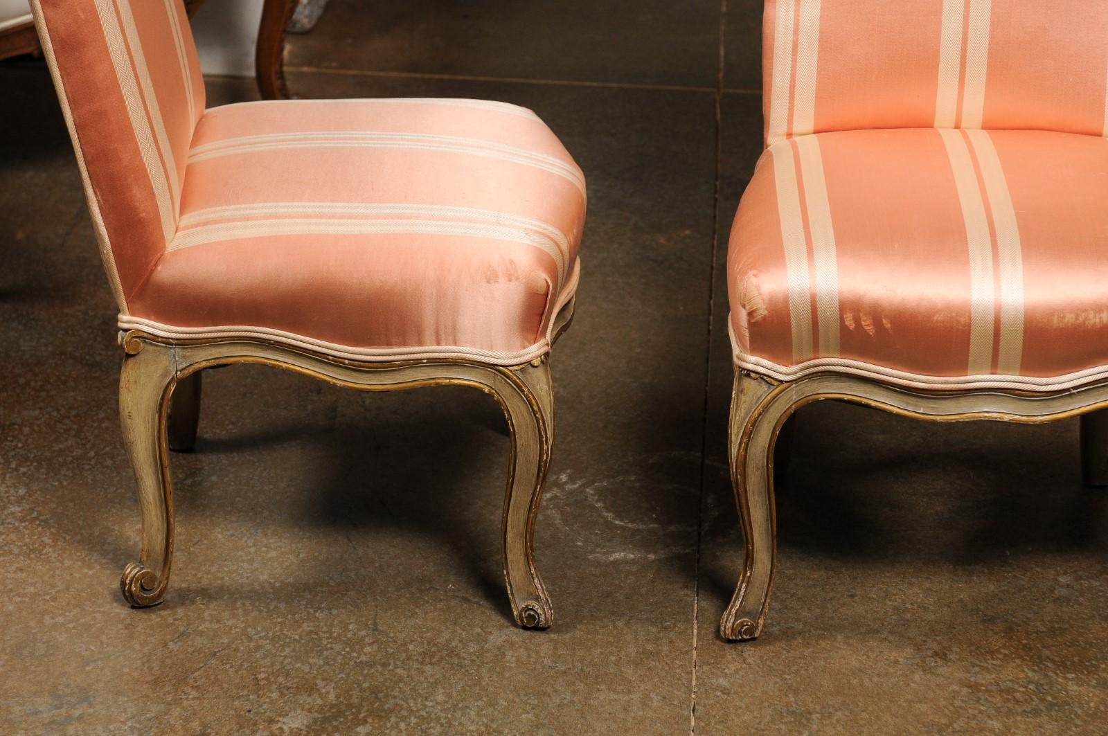 Wood Pair of Elsie De Wolfe Louis XV Style Painted Slipper Chairs with Striped Fabric