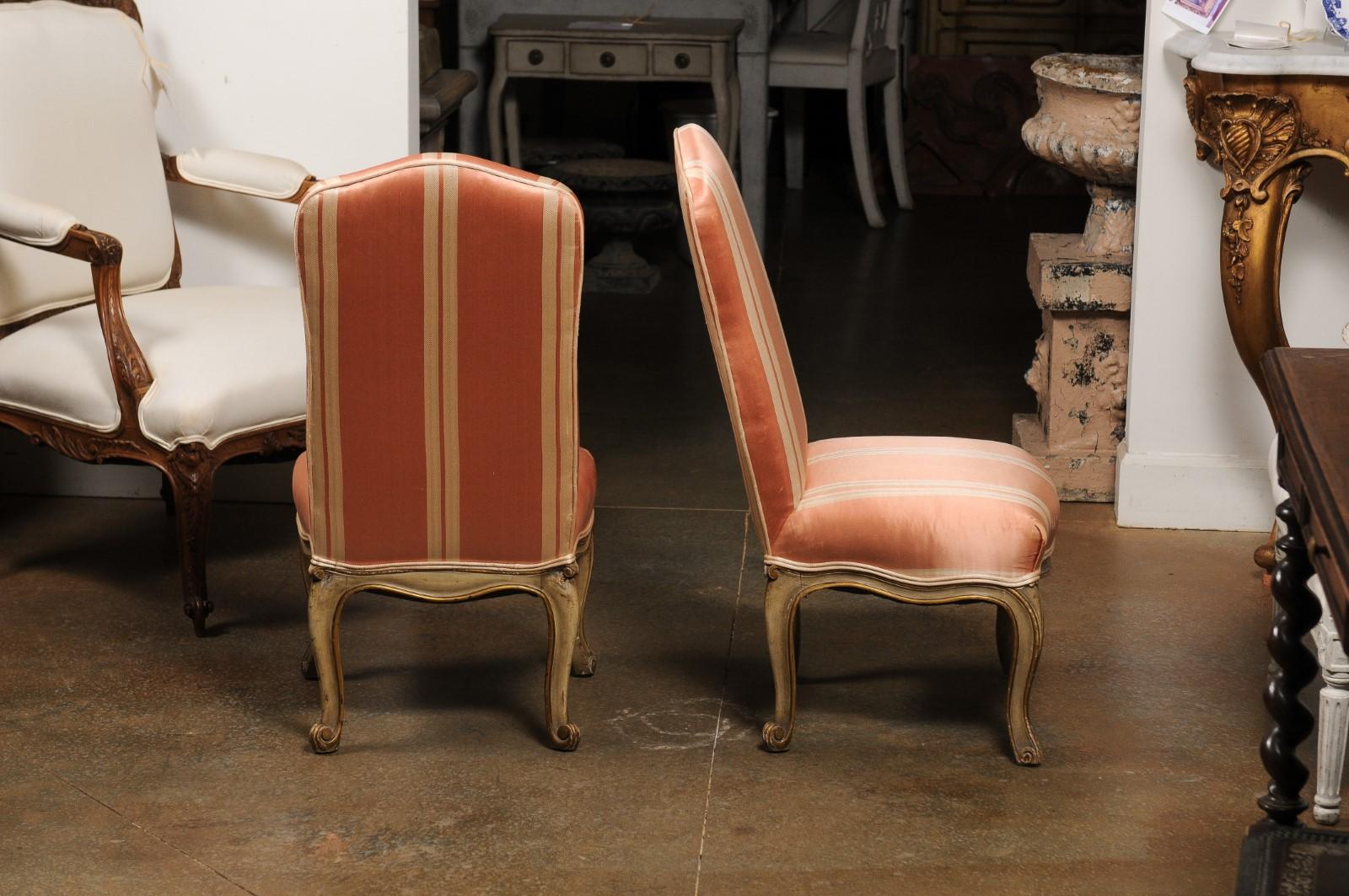 Pair of Elsie De Wolfe Louis XV Style Painted Slipper Chairs with Striped Fabric 2