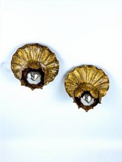 Pair of Embedded Flower Bud Wall ceiling light Gold Leaf Gilded Iron, Spain 1950