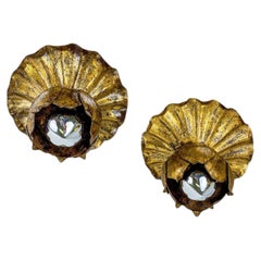 Pair of Embedded Flower Bud Wall ceiling light Gold Leaf Gilded Iron, Spain 1950