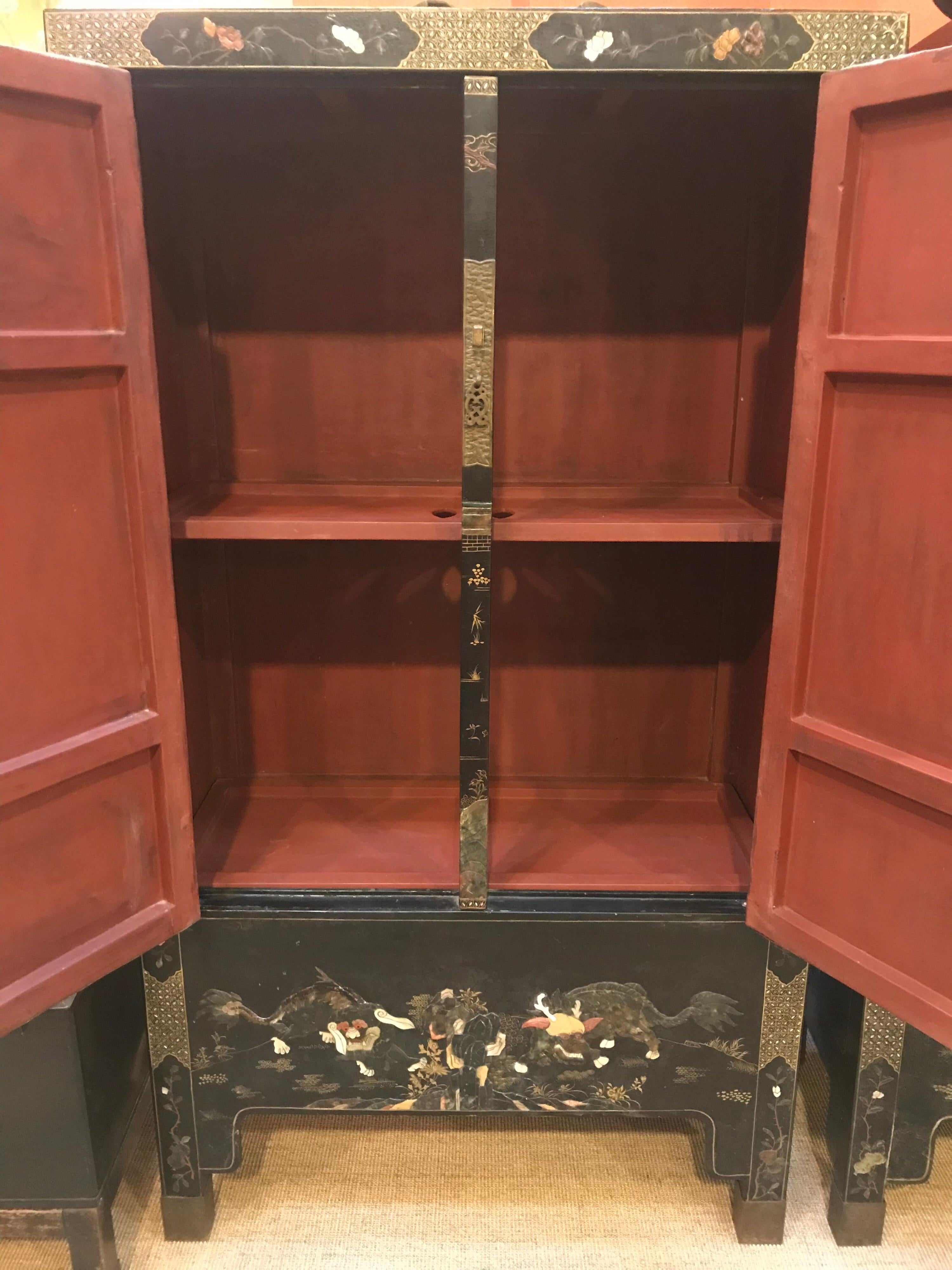 Wood Pair of Embellished Chinese Lacquer Cabinets For Sale