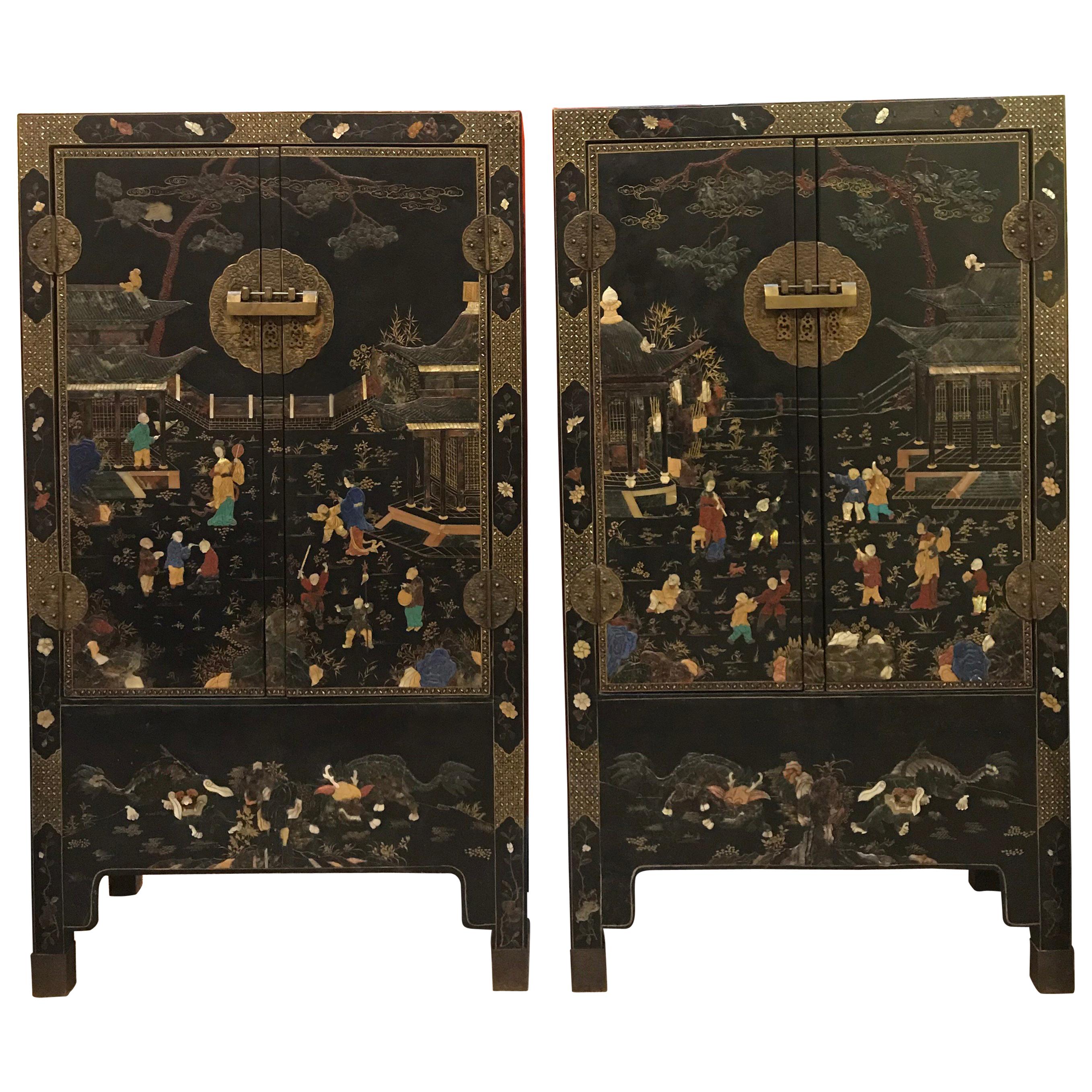 Pair of Embellished Chinese Lacquer Cabinets For Sale