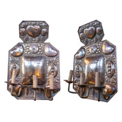 Pair of Embossed Brass Wall Sconces Pomegranate Decorated