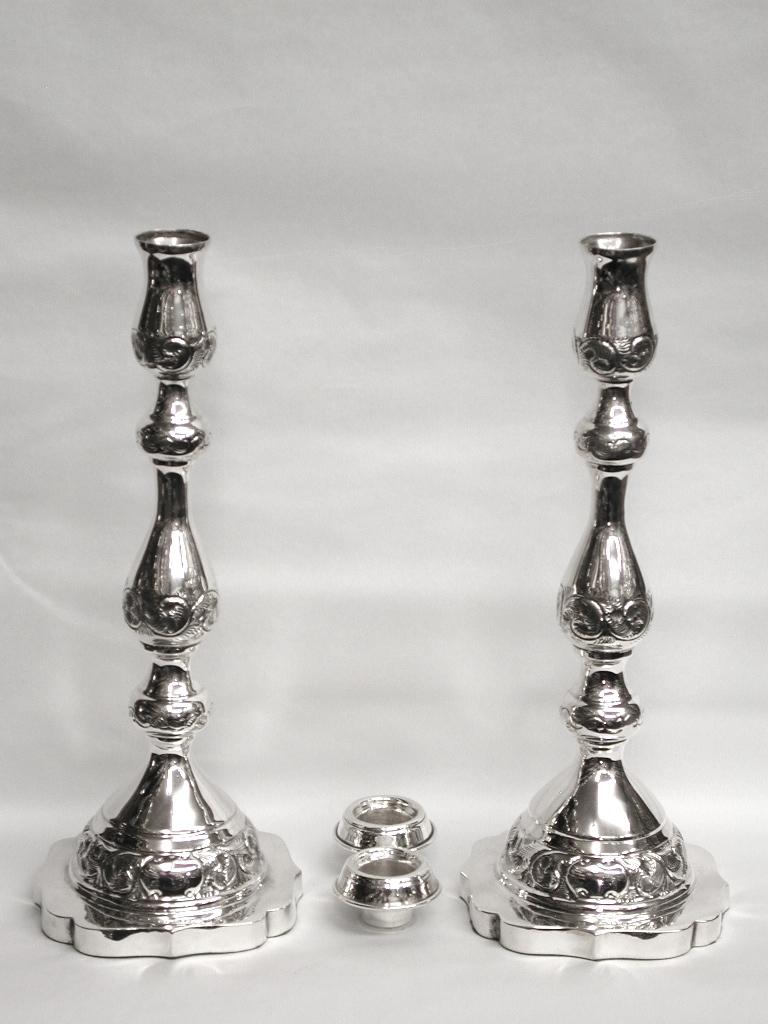 Mid-20th Century Pair of Embossed Jewish Style Candlesticks, London Assay, 1941