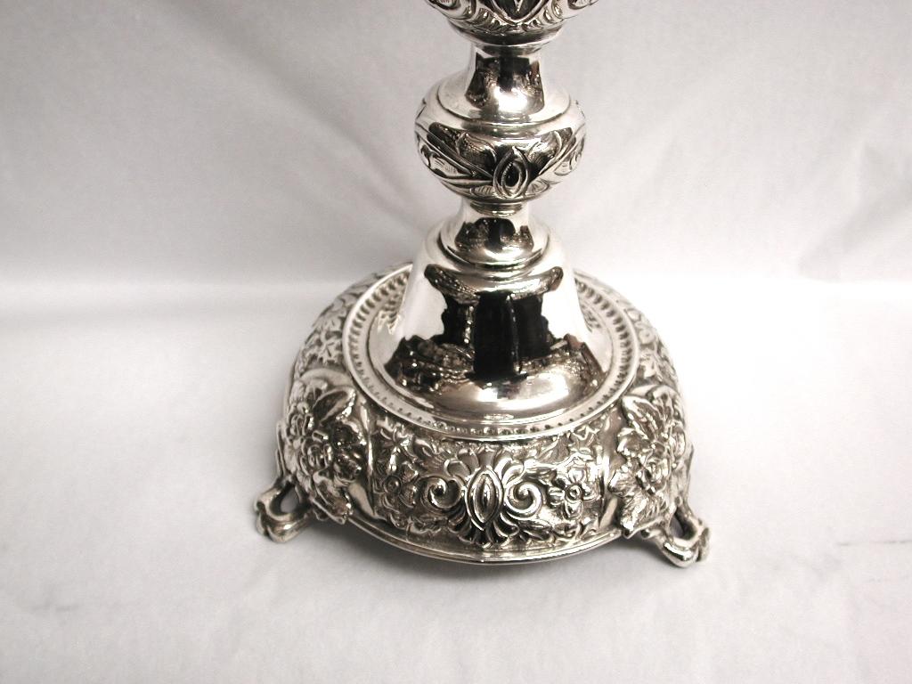 Sterling Silver Pair of Embossed Silver Candlesticks, 1902, London Assay, Salkind & Koshr