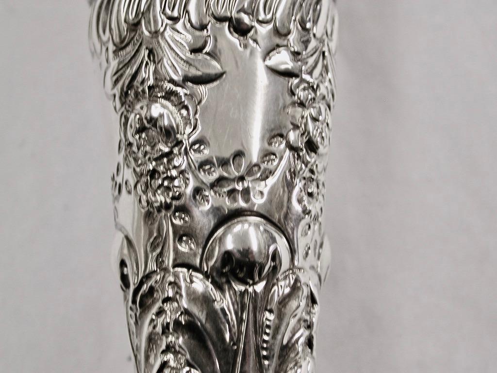 Victorian Pair of Embossed Silver Vases, London Assay, 1901, Jackson & Fullerton