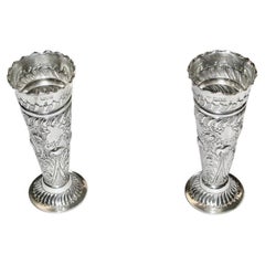 Antique Pair of Embossed Silver Vases, London Assay, 1901, Jackson & Fullerton