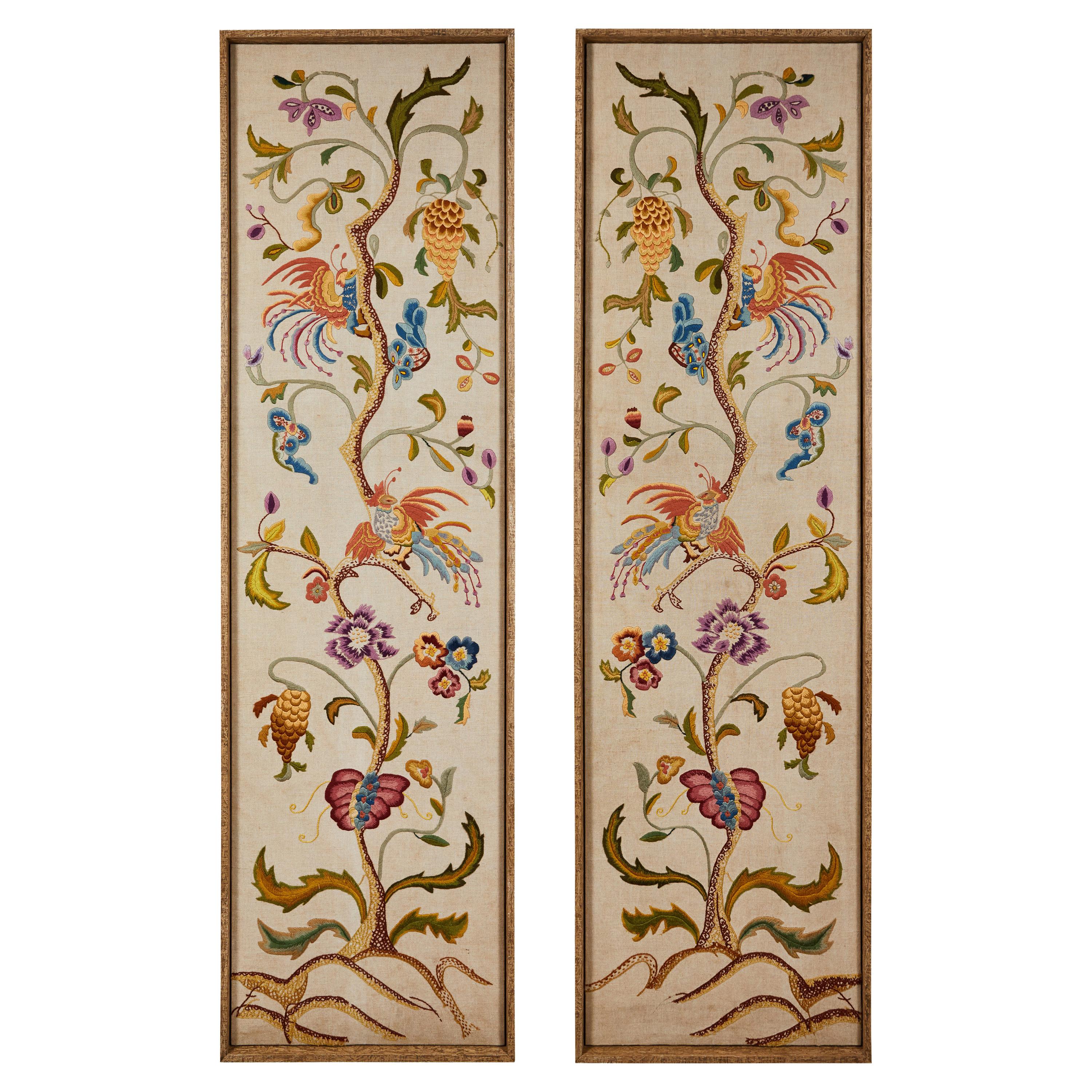 Pair of Embroidered Antique Linen Curtain Panels in Museum Quality Frames