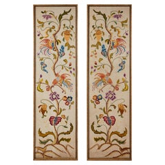 Pair of Embroidered Antique Linen Curtain Panels in Museum Quality Frames