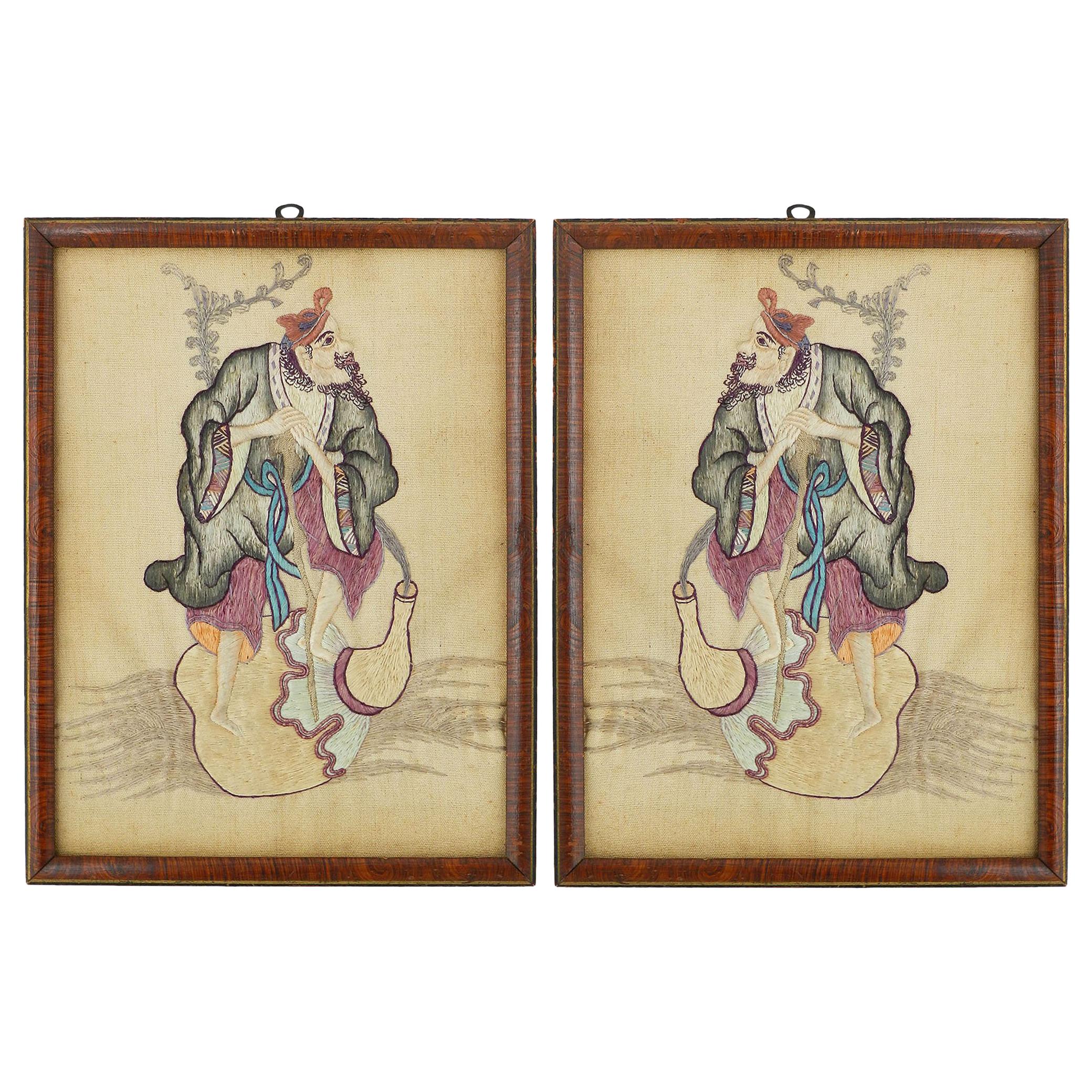 Pair of Embroidered Chinoiserie Panels of a Gentleman Early 20th Century