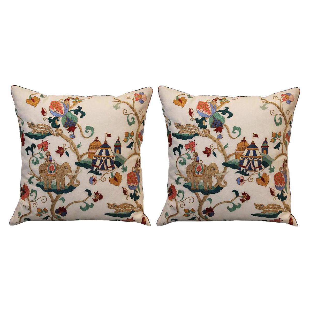 Pair of Embroidered Cotton Pillows with Circus Theme & Multicolour Back