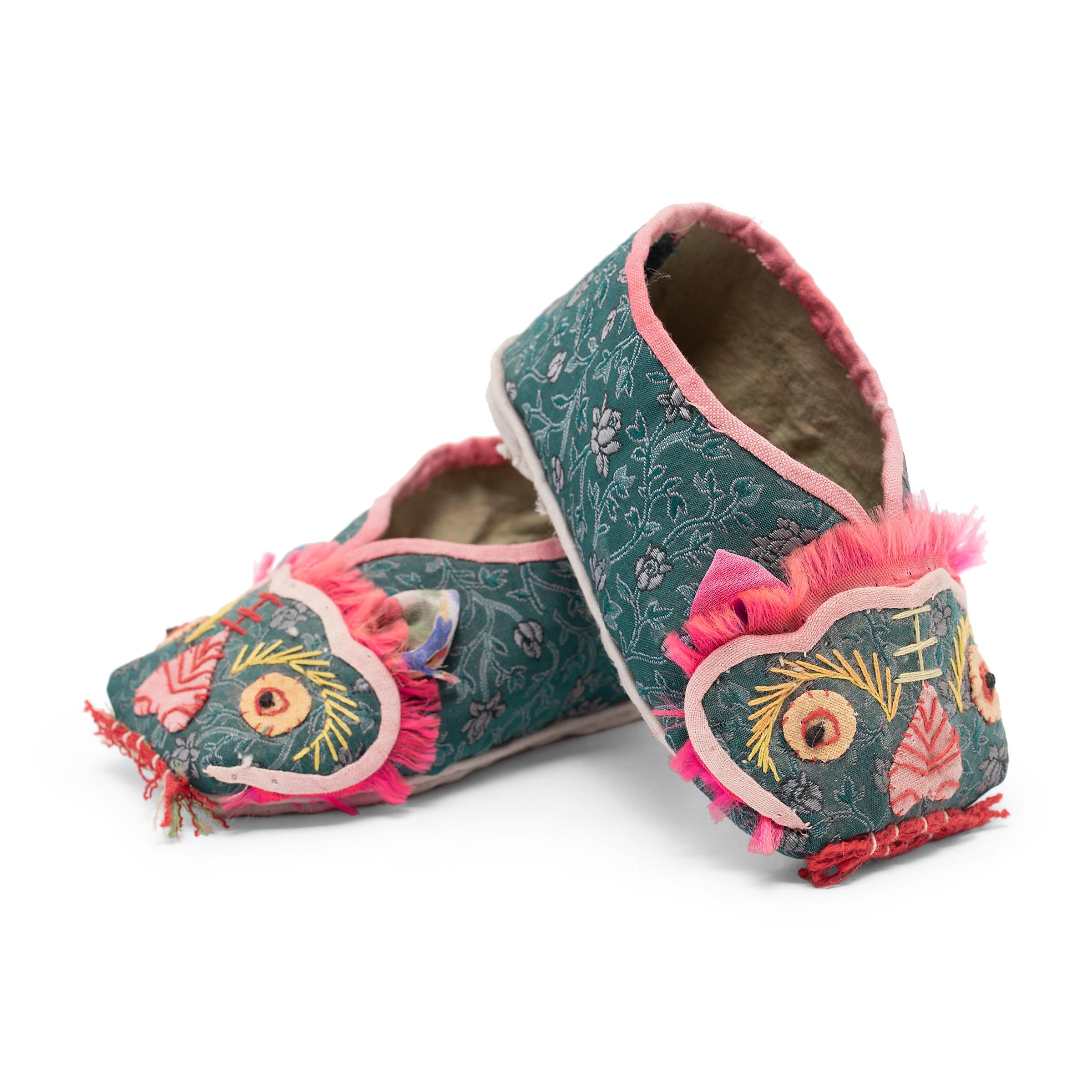 Chinese Pair of Embroidered Lion Children's Slippers, circa 1920