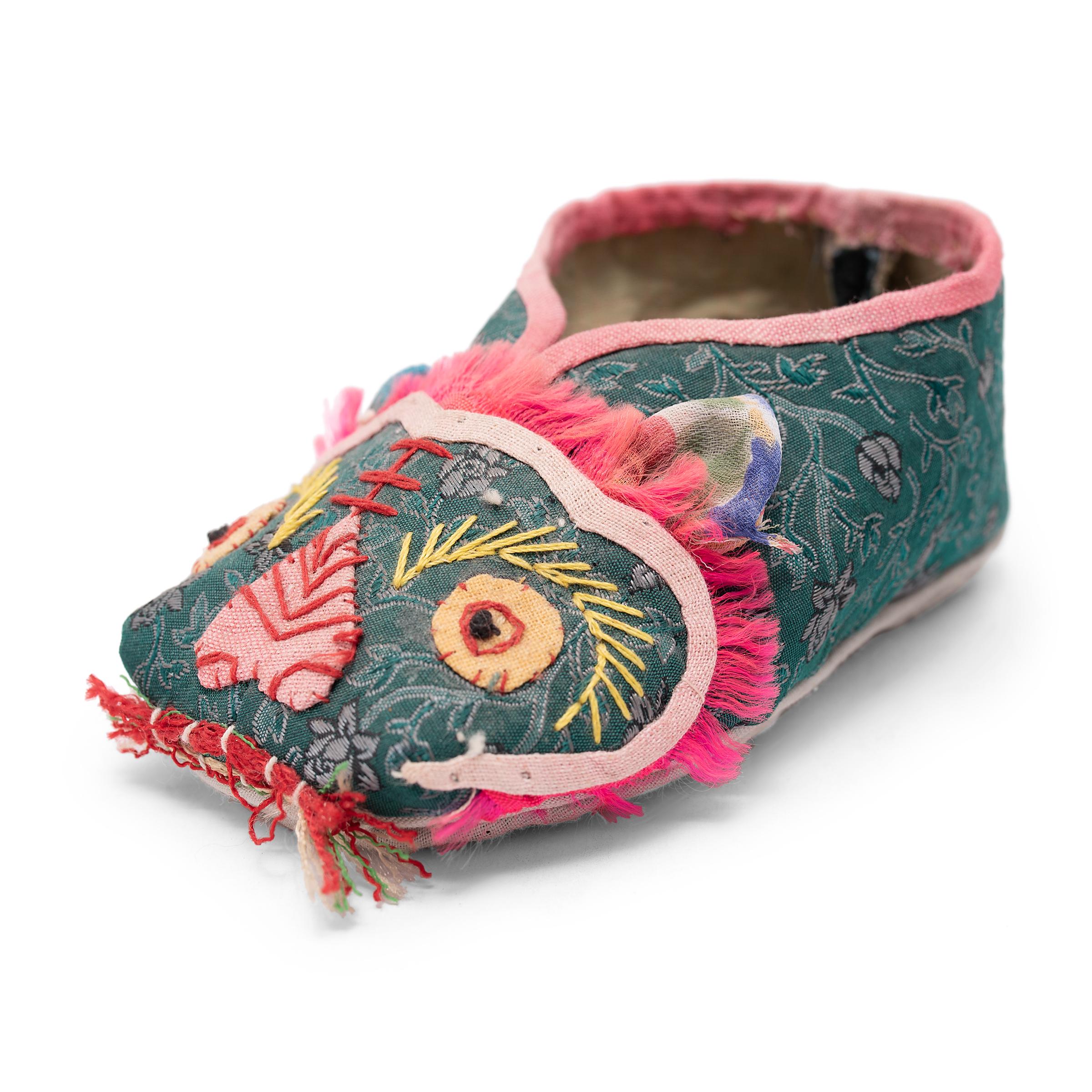 Hand-Crafted Pair of Embroidered Lion Children's Slippers, circa 1920