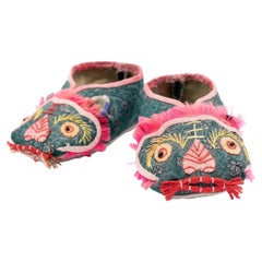 Antique Pair of Embroidered Lion Children's Slippers, circa 1920